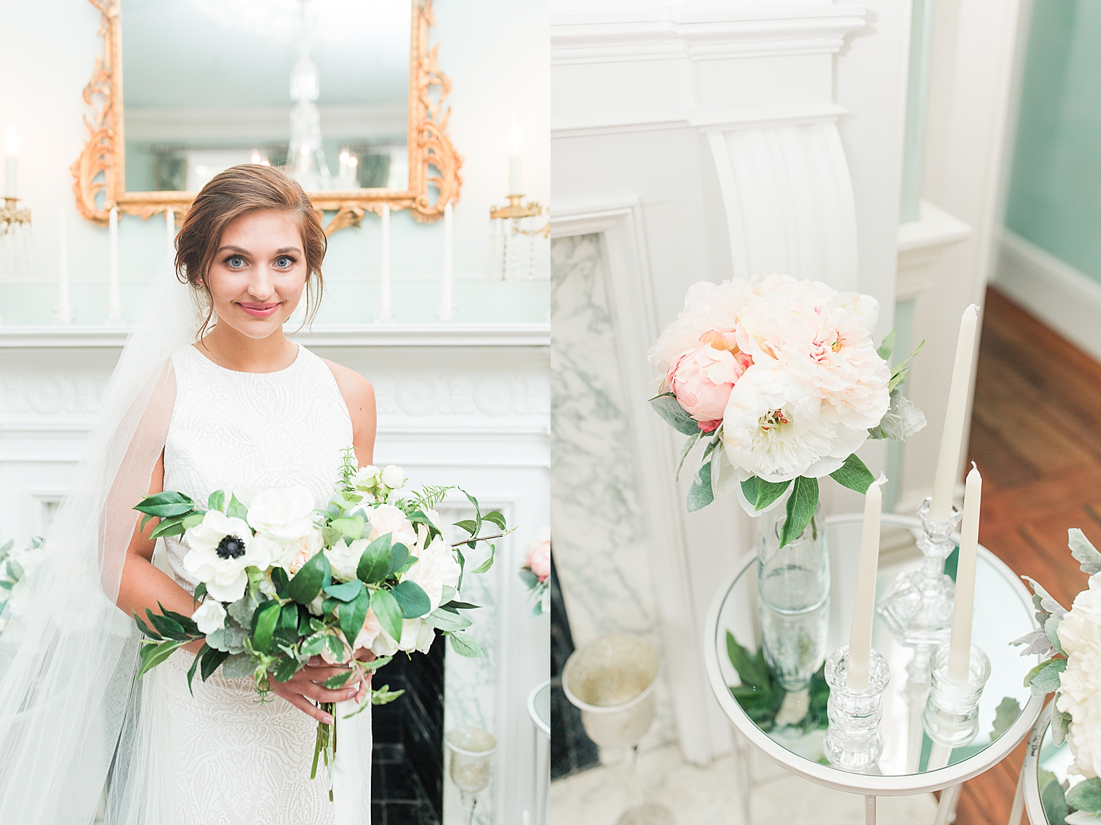 Charleston Bridal Session Hannah Grinning at the camera holding bouquet and detail of table with flowers and candles photos