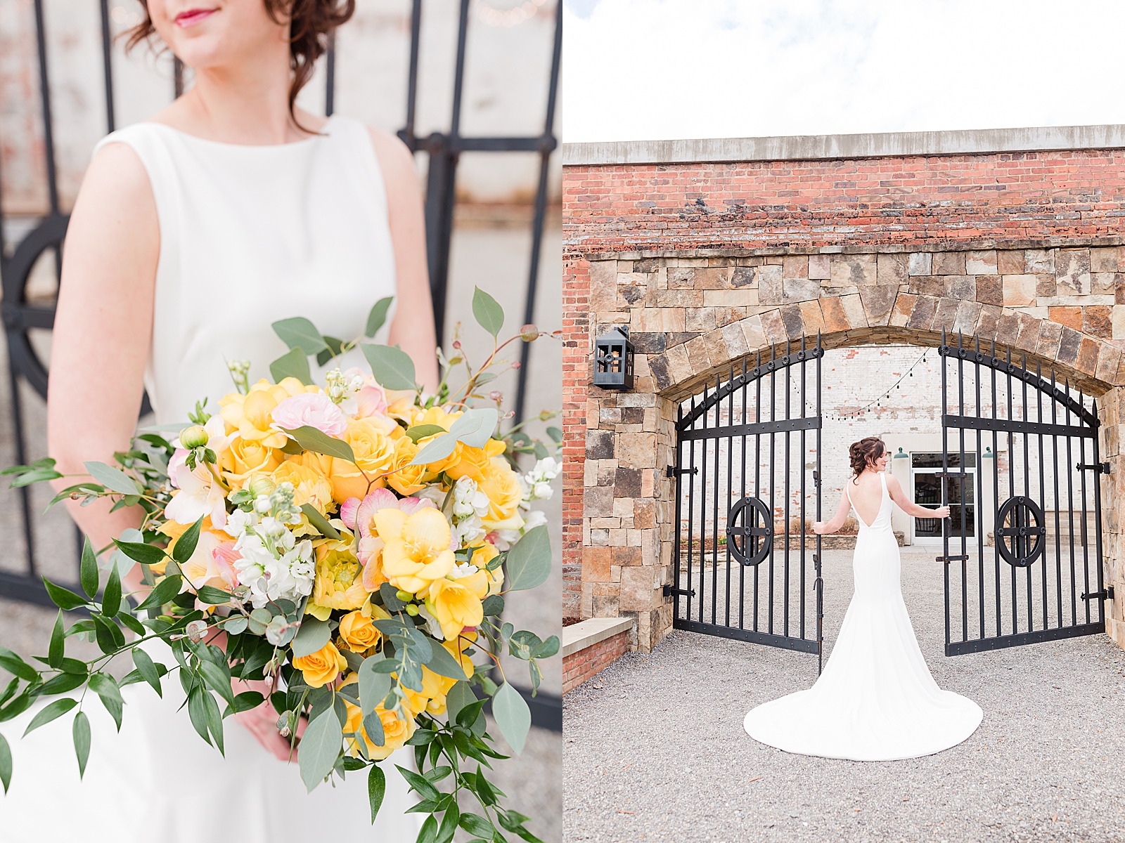 Hackney Warehouse Spring Bridal Session Bride in front of iron gates with bouquet and showing off the back of her dress Photos