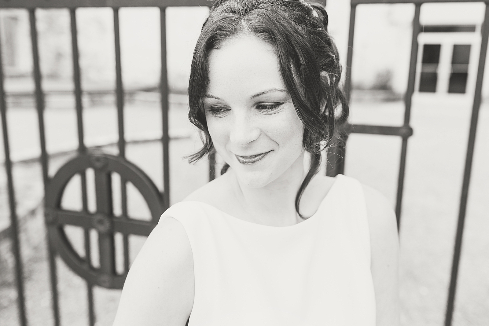 Hackney Warehouse Spring Bridal Session Black and White of Bride Smiling Photo