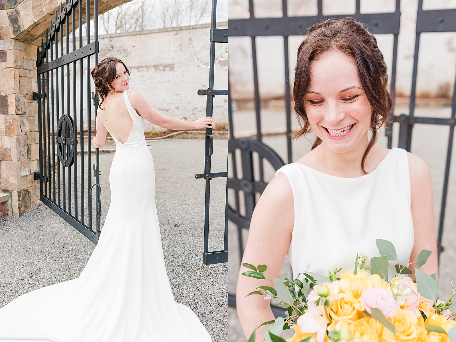 Hackney Warehouse Spring Bridal Session Bride smiling in front of gates Photos