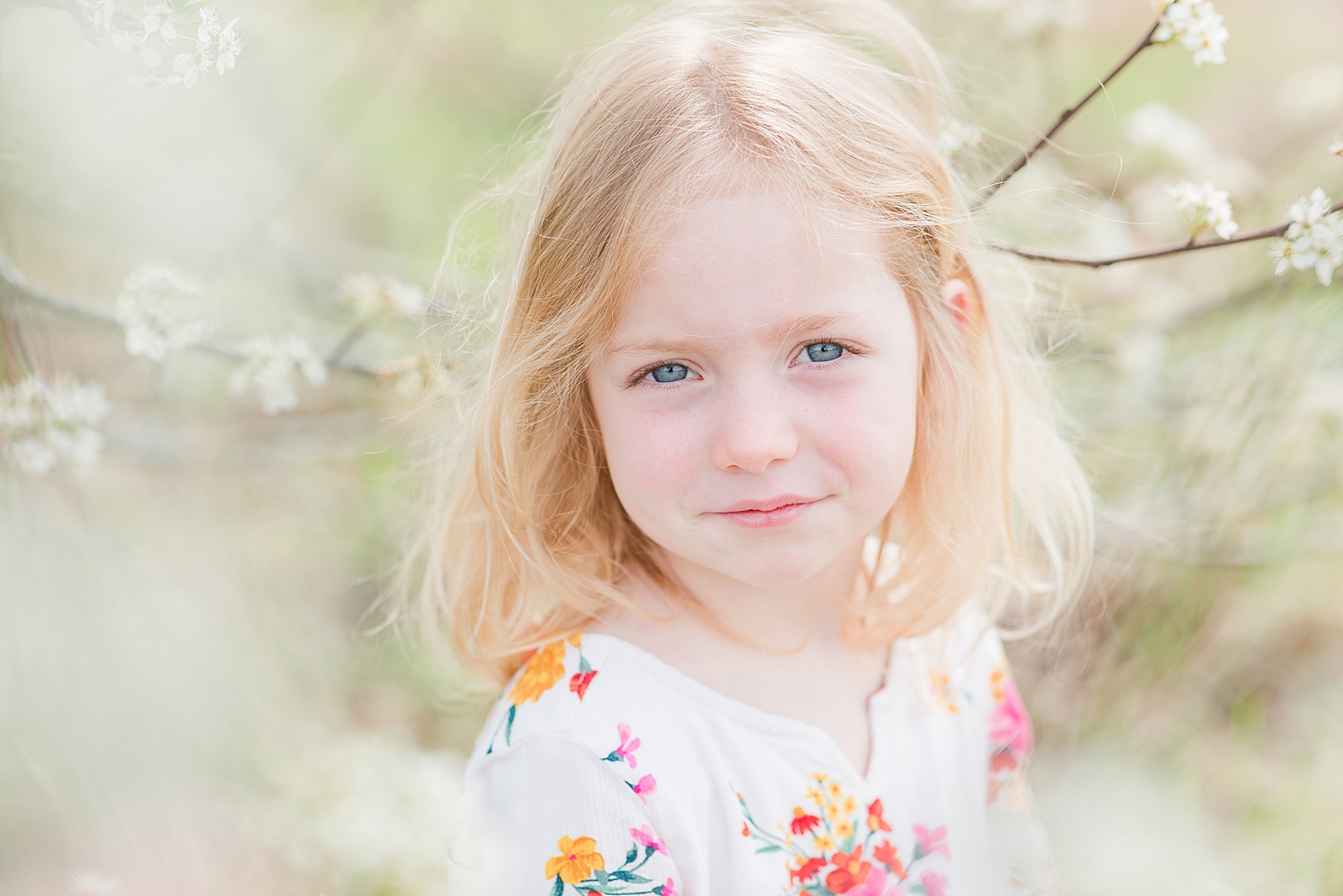 Asheville Photographer's Family Little girl looking at the camera in white tree blooms Photo