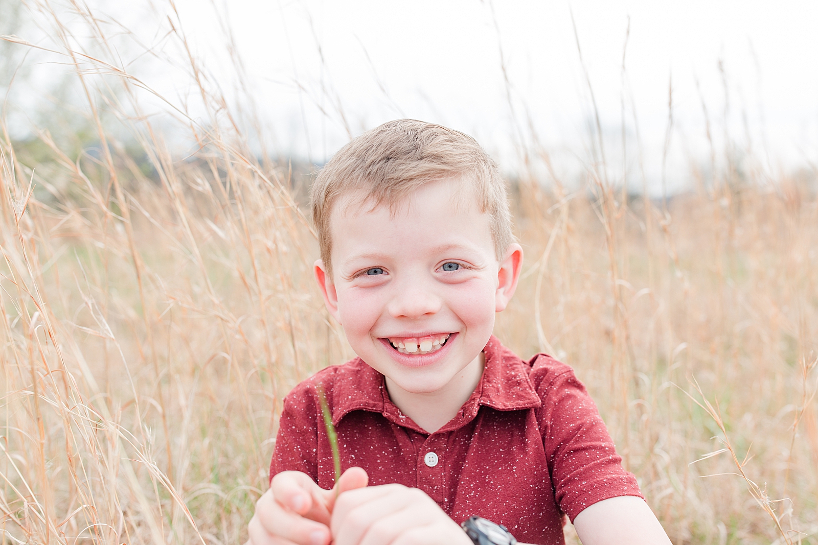 Asheville Photographer's Family Little boy sitting in tall grass laughing Photo