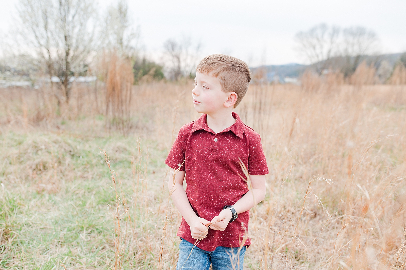 Asheville Photographer's Family Little boy in red shirt looking off holding grass in hands Photo