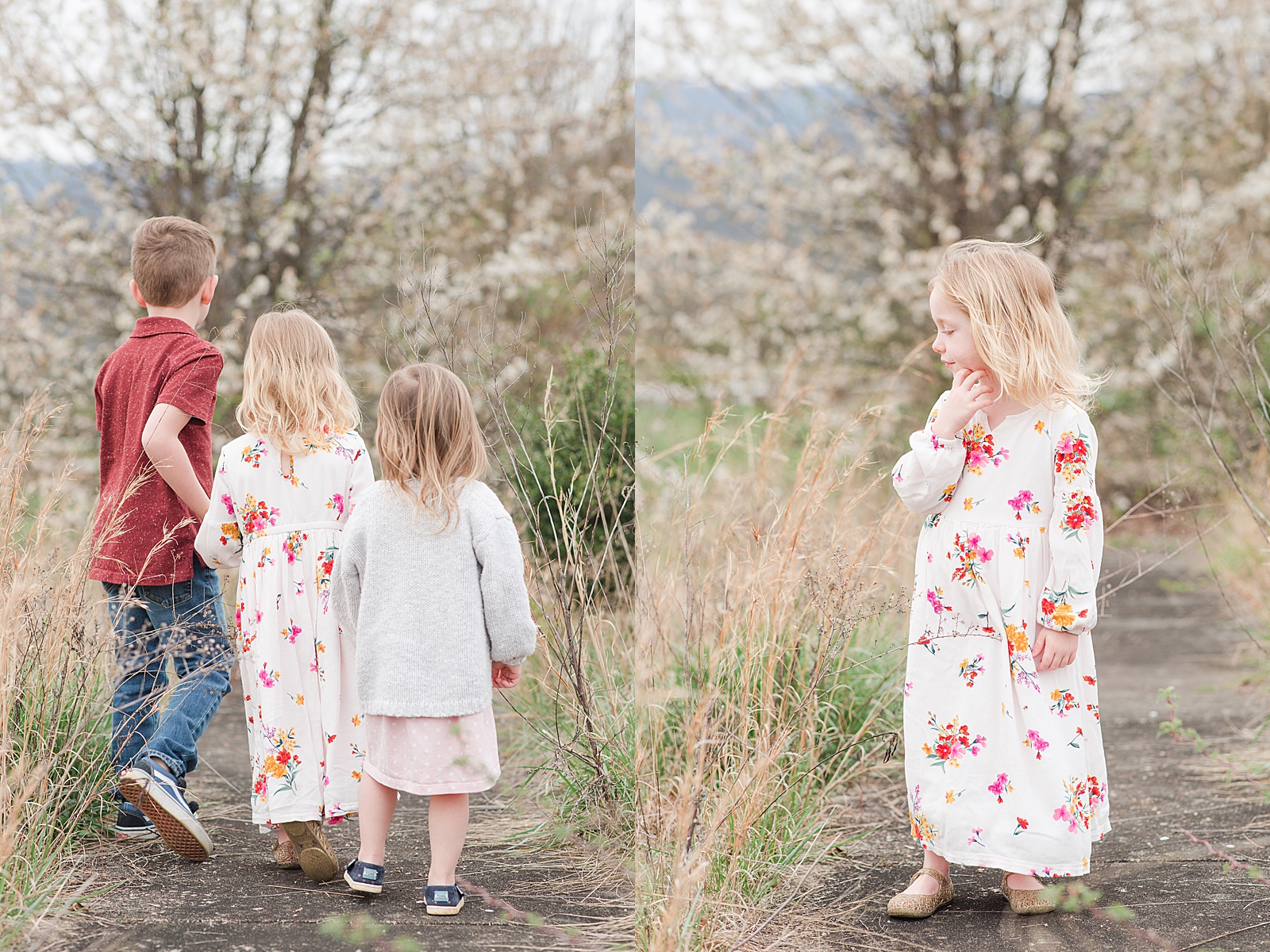 Asheville Photographer's Family kids walking away and little girl in flower dress looking down Photos