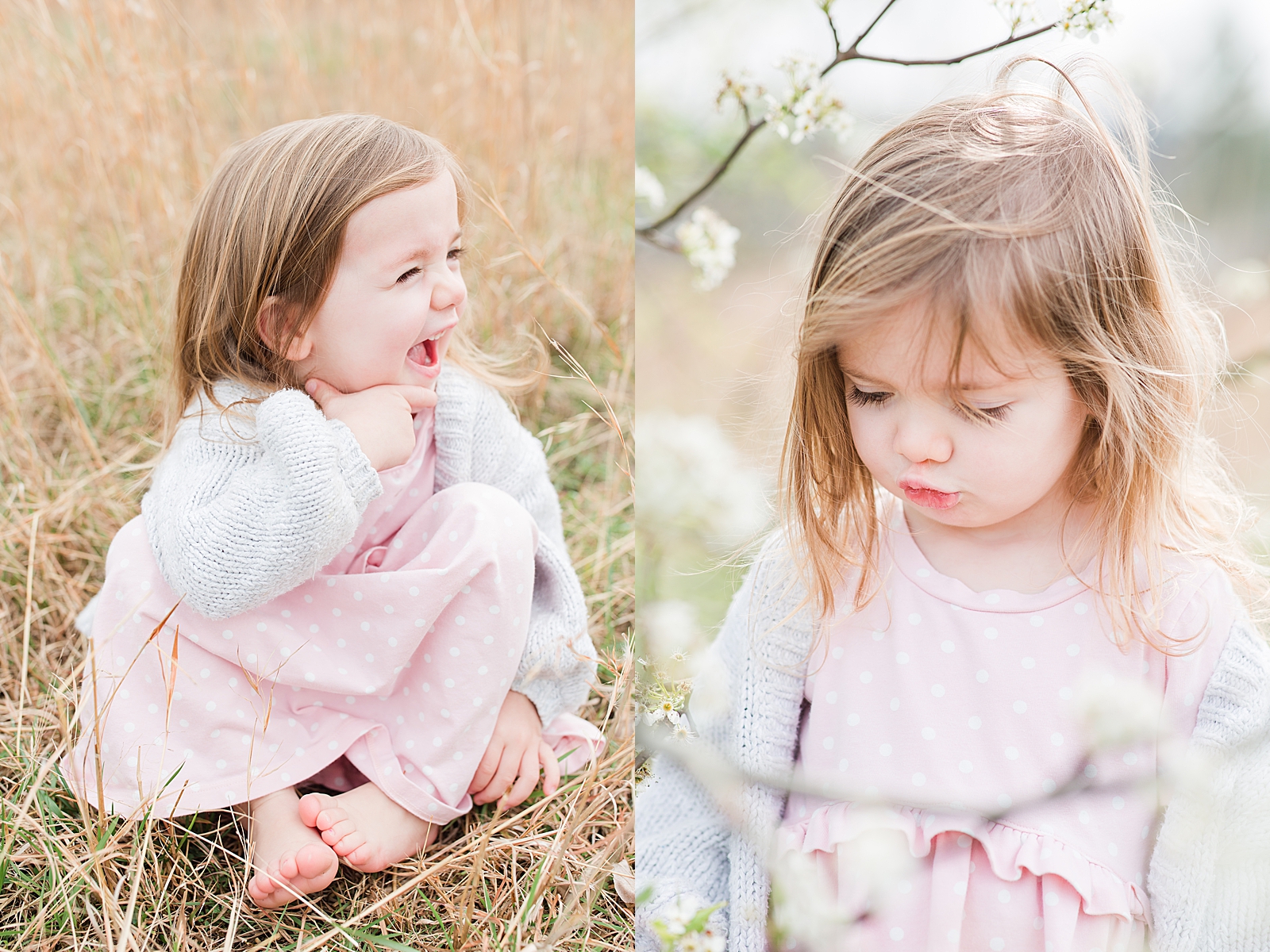Asheville Photographers Family Little girl laughing in tall grass and pursed lips Photos