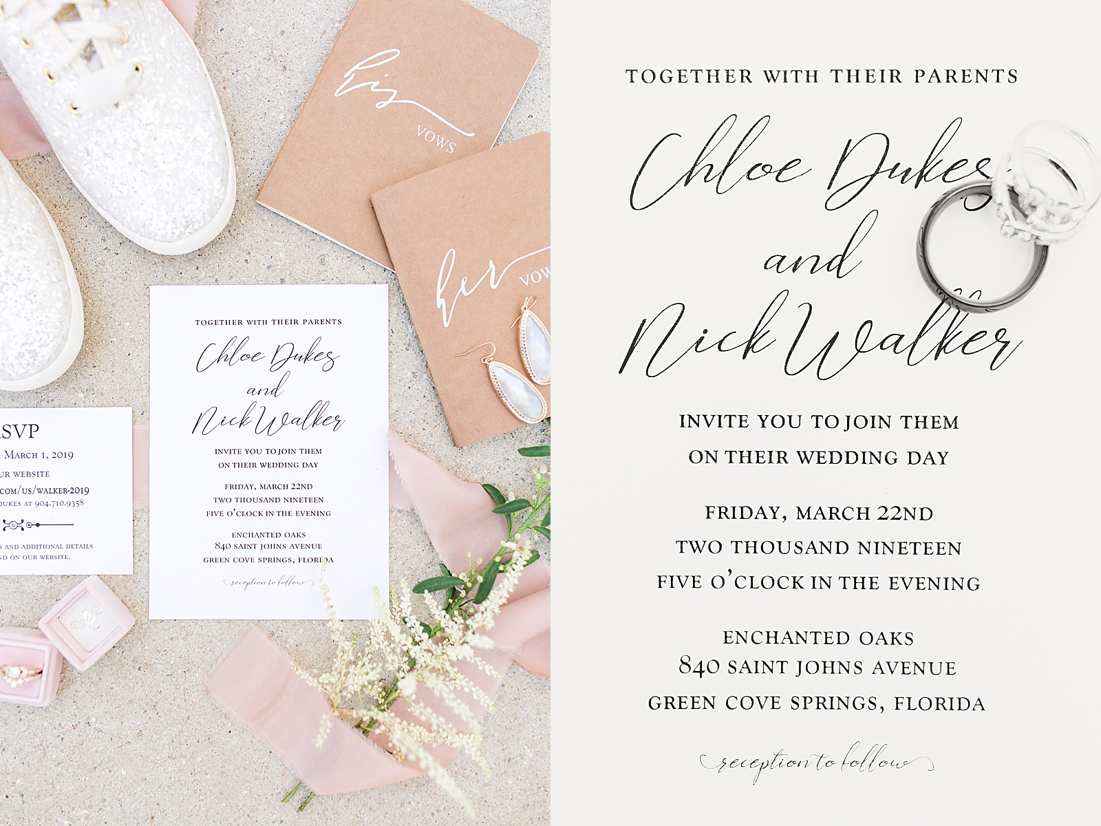 Enchanted Oaks Jacksonville Wedding Invitation Suite vow books bridal shoes and black and white of invitation with rings Photos