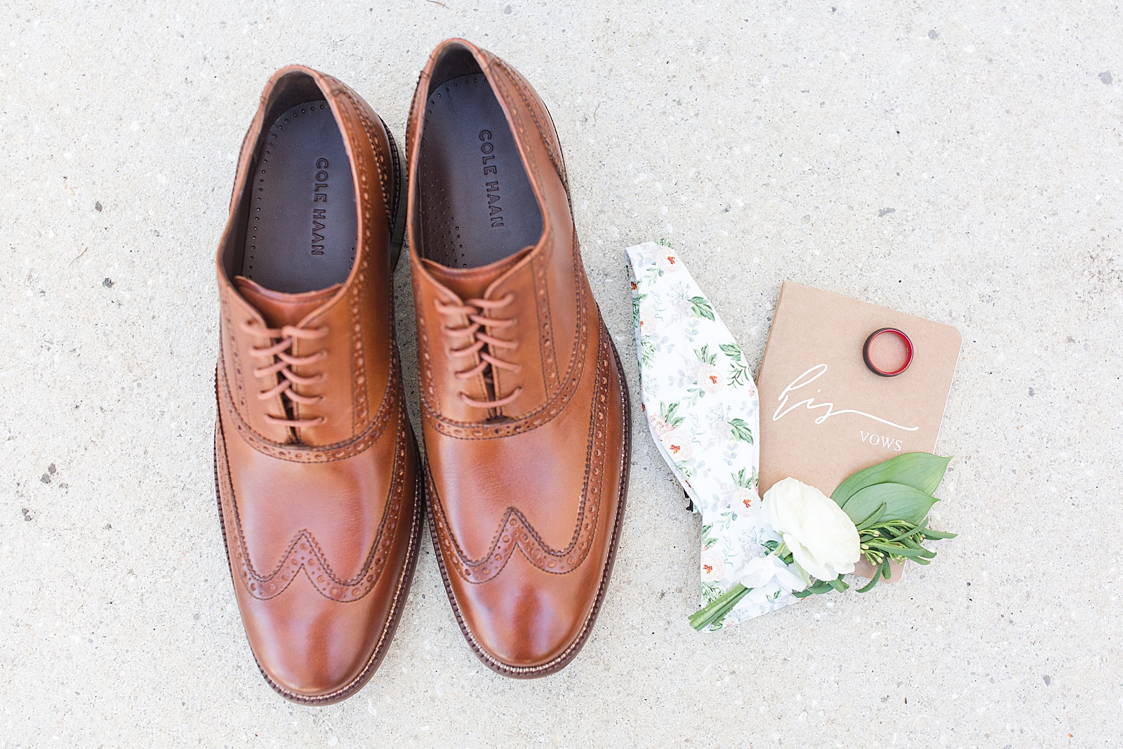 Enchanted Oaks Jacksonville Wedding Grooms Shoes Tie Ring and Boutonnière Photo