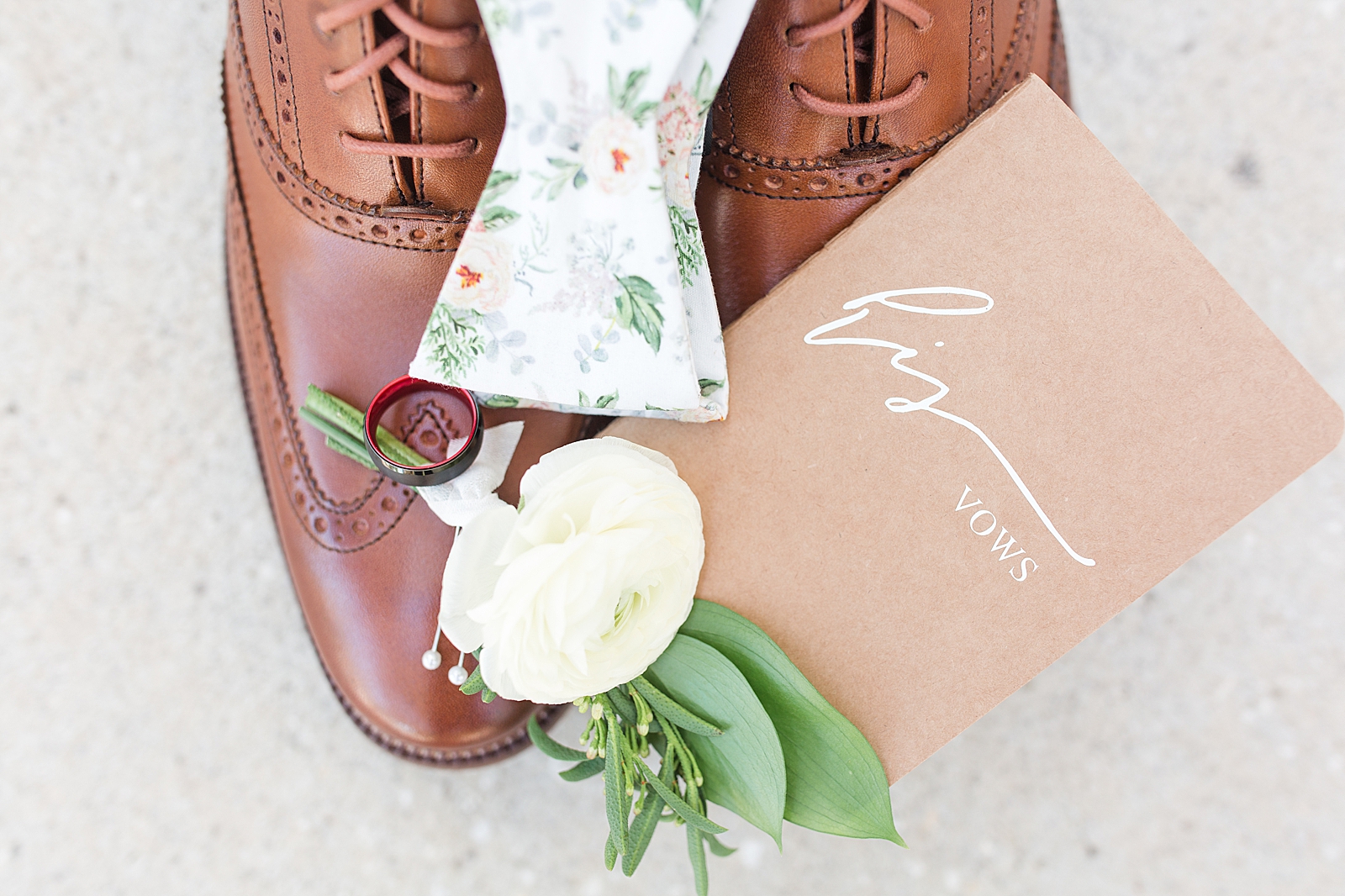 Enchanted Oaks Jacksonville Wedding Grooms Details Shoes Bow tie vow book ring and boutonnière Photo