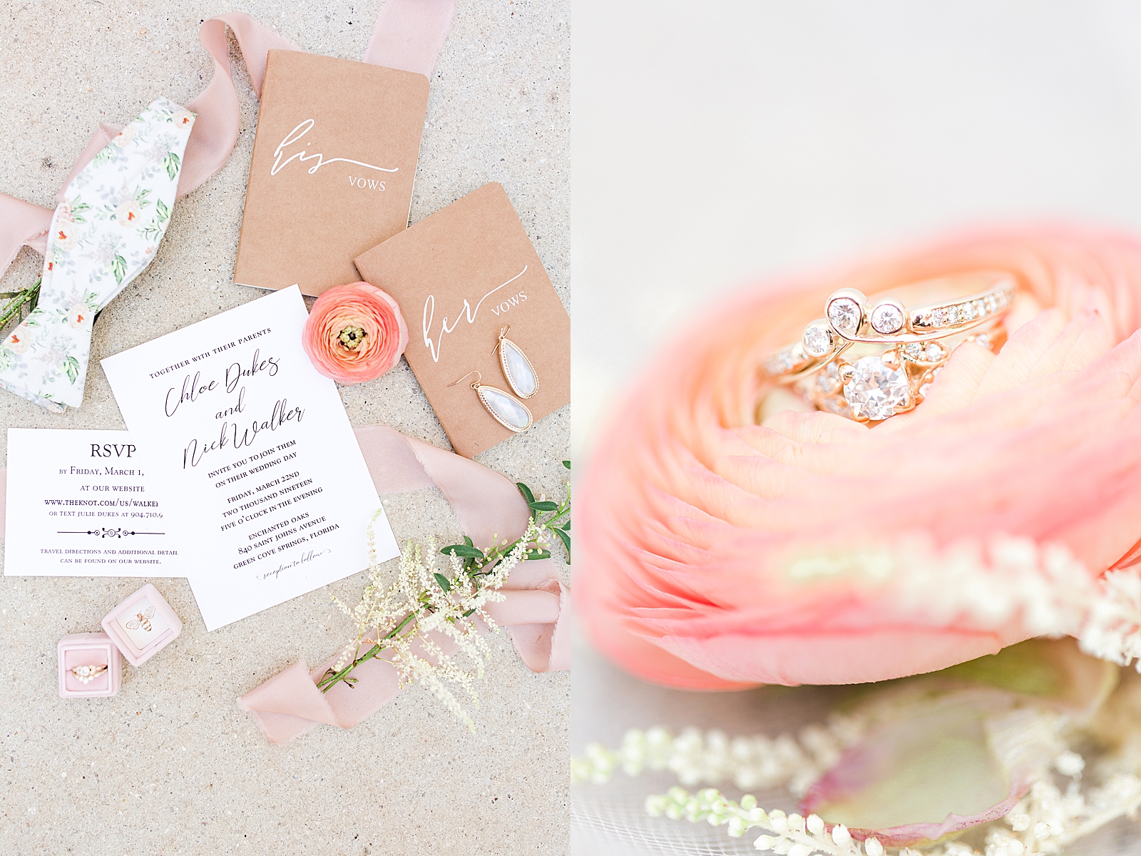 Enchanted Oaks Jacksonville Wedding Invitation vow books bow tie rings and detail of rings on coral ranunculus Photos