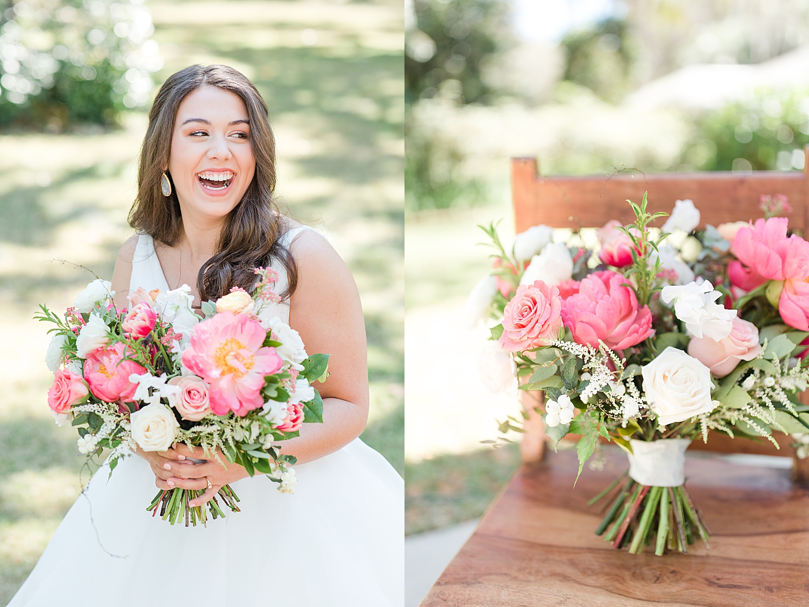 Enchanted Oaks Jacksonville Wedding Bride Laughing and Bridal Bouquet sitting in Chair Photos