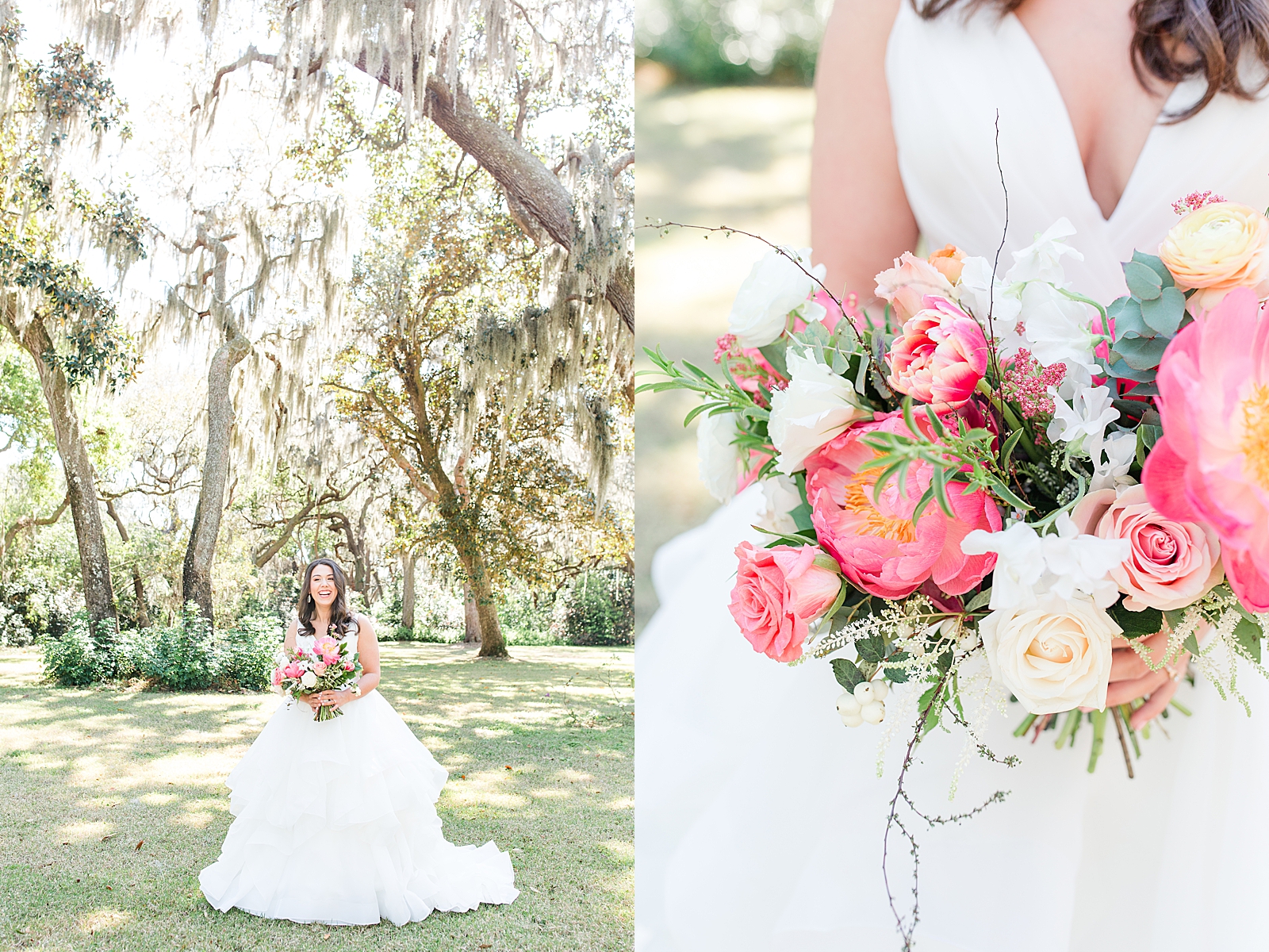 Enchanted Oaks Jacksonville Wedding Bride laughing with bouquet and detail of bouquet Photos