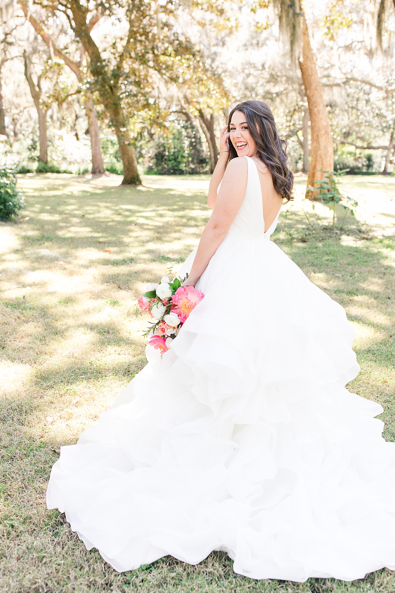 Enchanted Oaks Jacksonville Wedding Bride Smiling Over Shoulder Photo