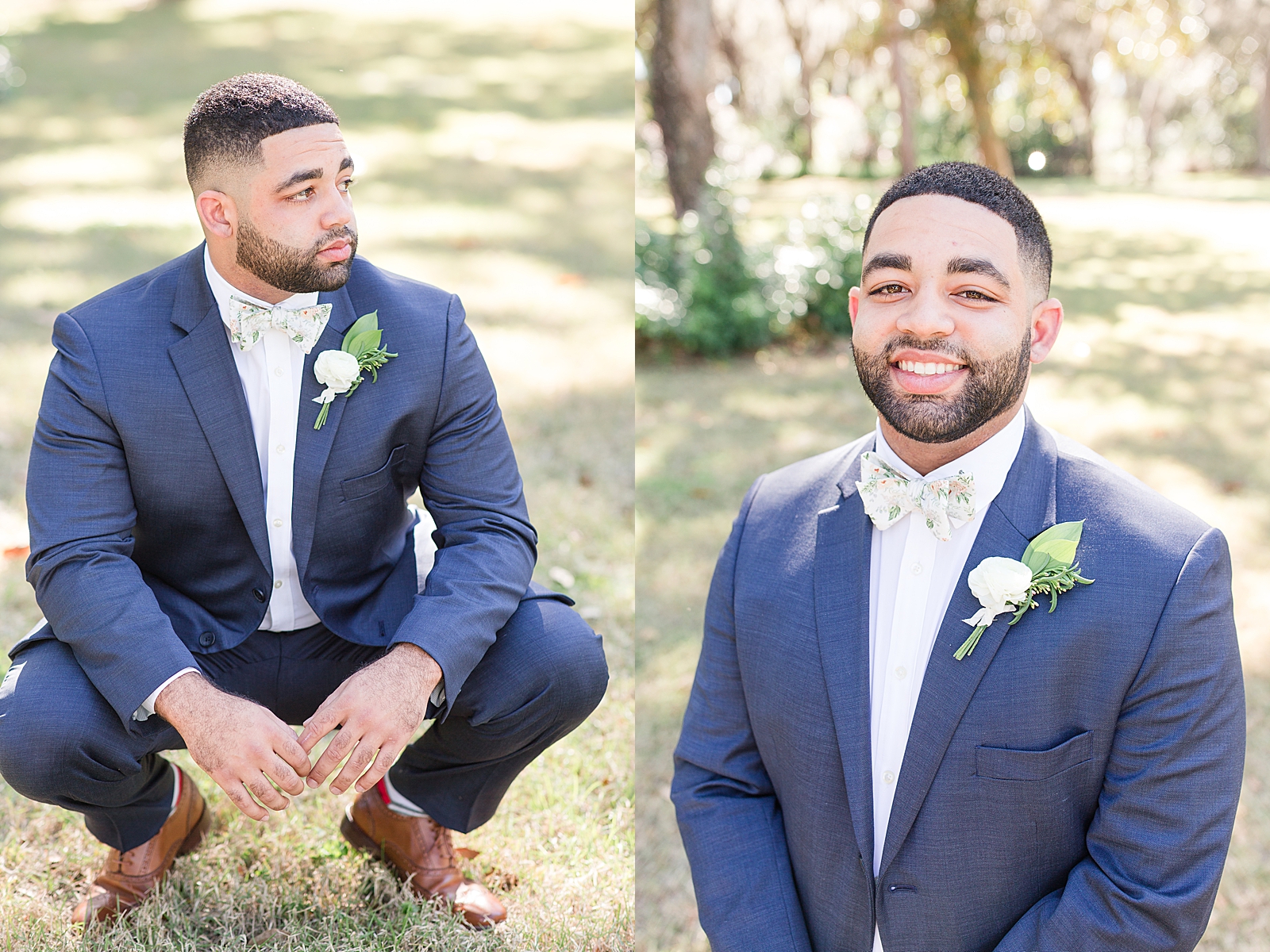 Enchanted Oaks Jacksonville Wedding Groom Squatting looking off and groom smiling at camera Photos