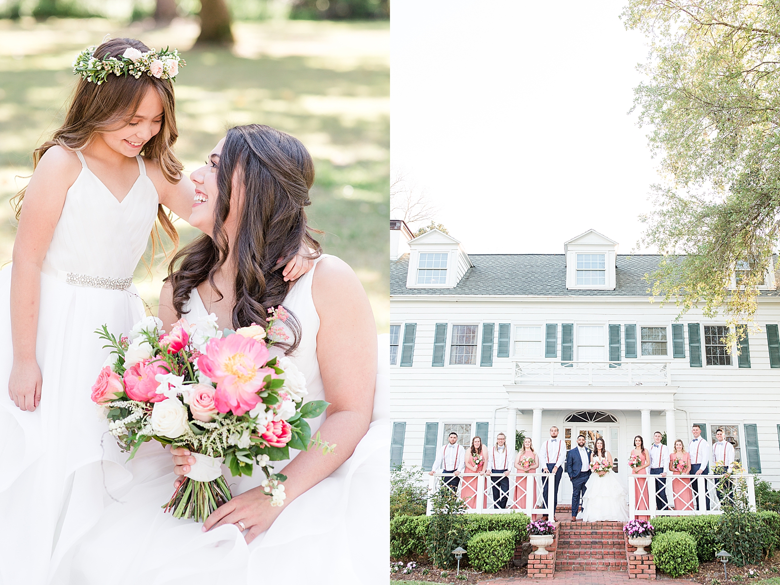 Enchanted Oaks Jacksonville Wedding Bride with Flower Girl and Bridal Party on Porch of Venue Photos