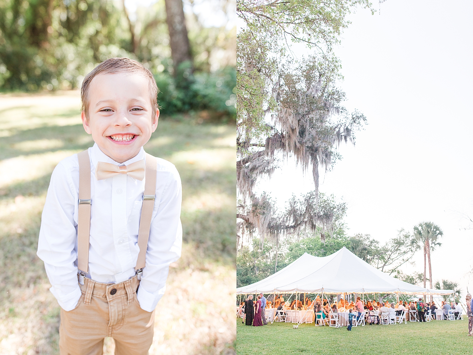 Enchanted Oaks Jacksonville Wedding Ring Bearer Smiling at Camera and Reception Tent Photos