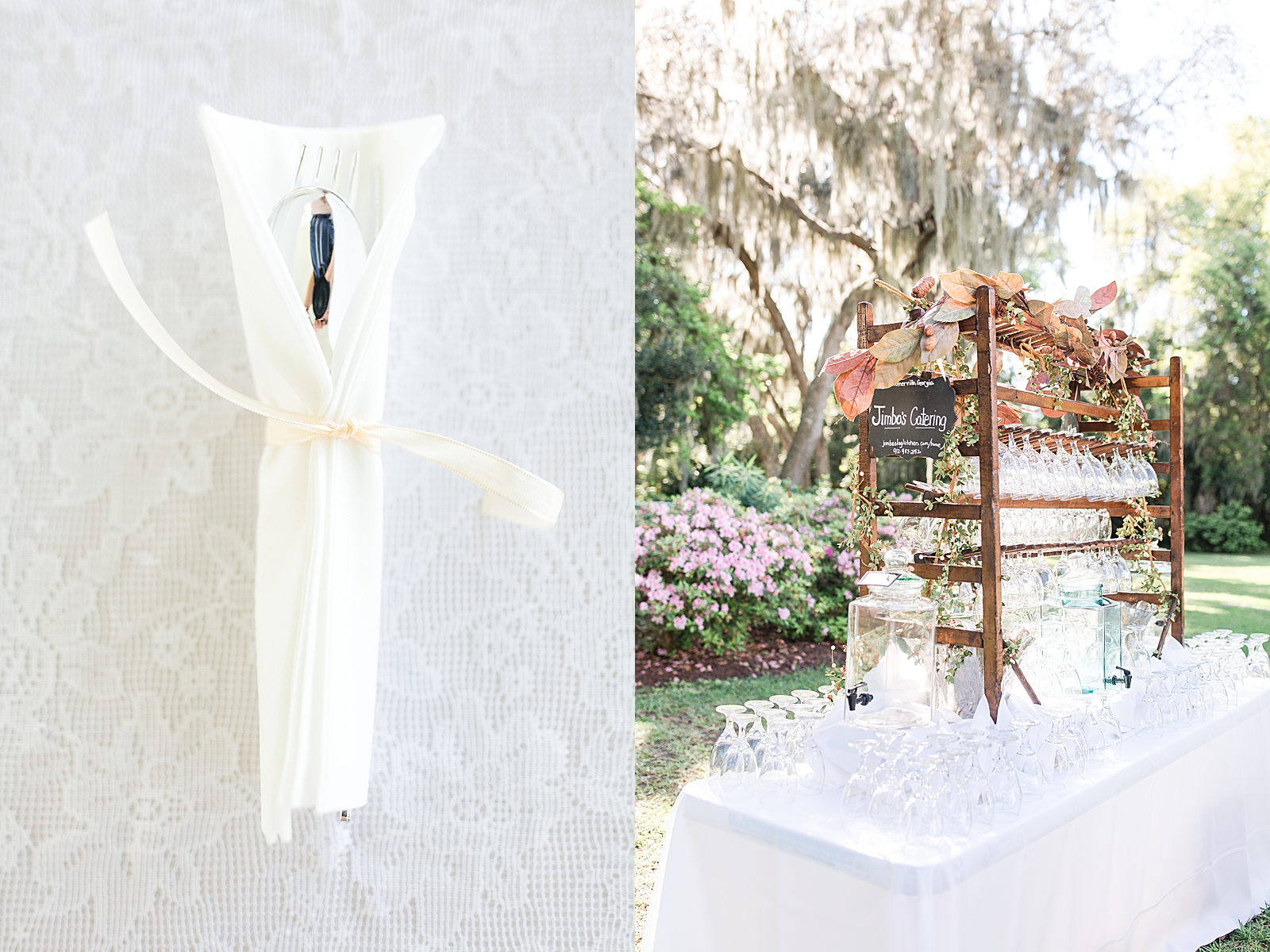 Enchanted Oaks Jacksonville Wedding Reception Detail of Cutlery and Tower of Drinking Glasses Photos