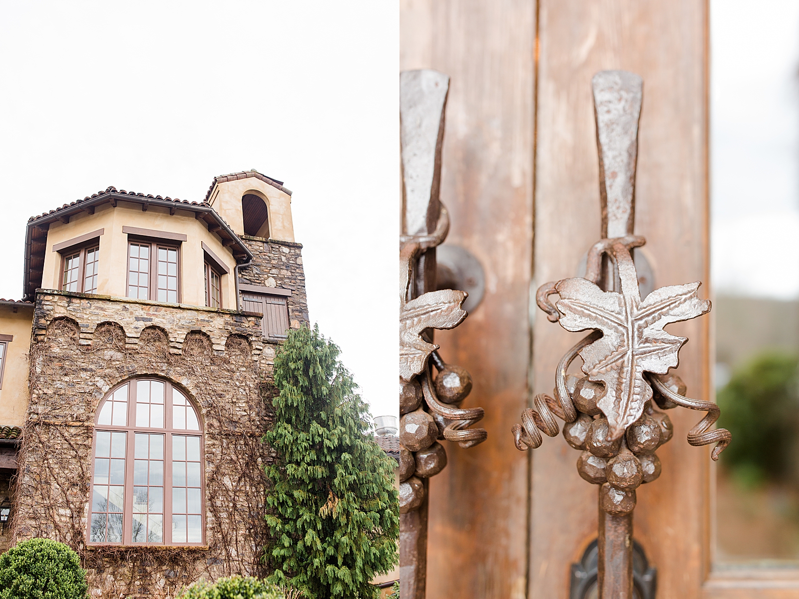 Montaluce Winery Wedding Venue Exterior of building and Grapevine door handles Photos