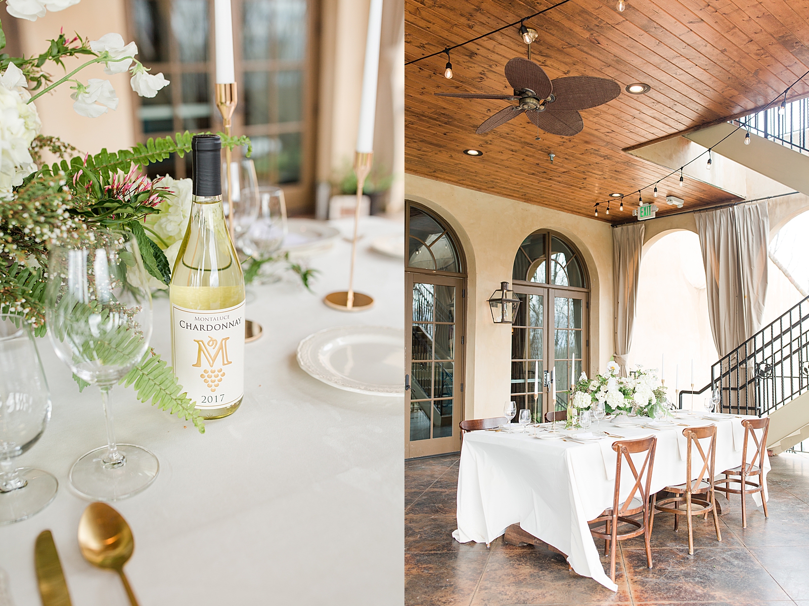 Montaluce Winery Wedding Reception Wine Bottle on Table and Reception Table on Porch Photos