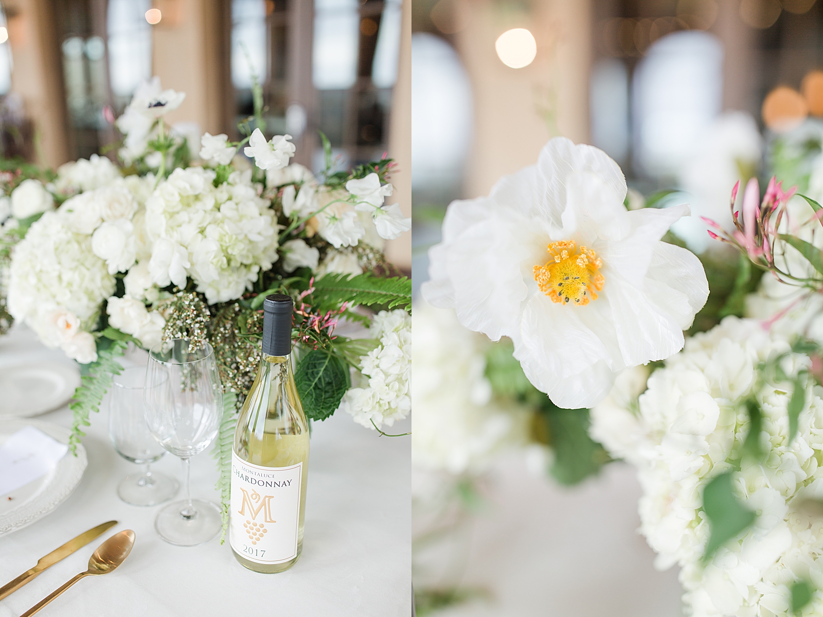 Montaluce Winery Wedding Reception Table Wine and Centerpiece and White Flower Detail Photos