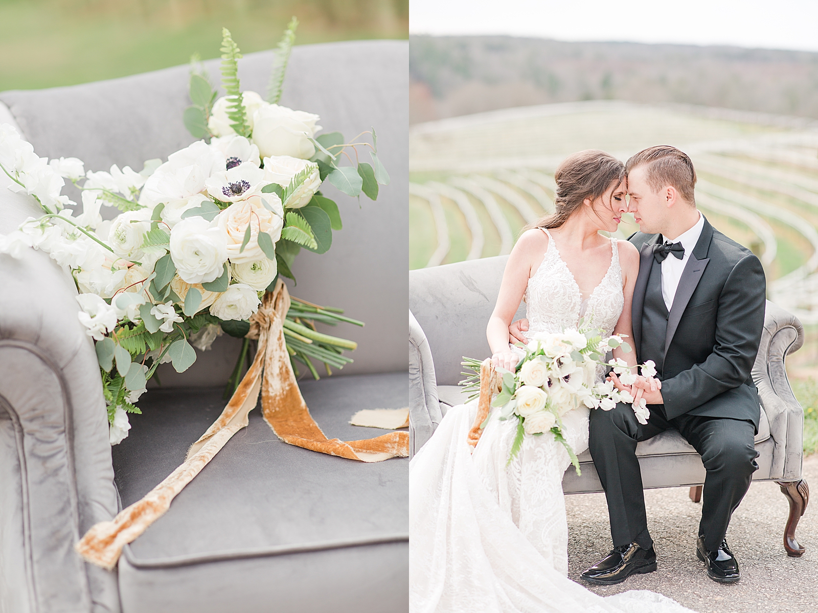 Montaluce Winery Wedding Bouquet on Grey Velvet Couch and Bride and Groom Sitting on Grey Velvet Couch Photos