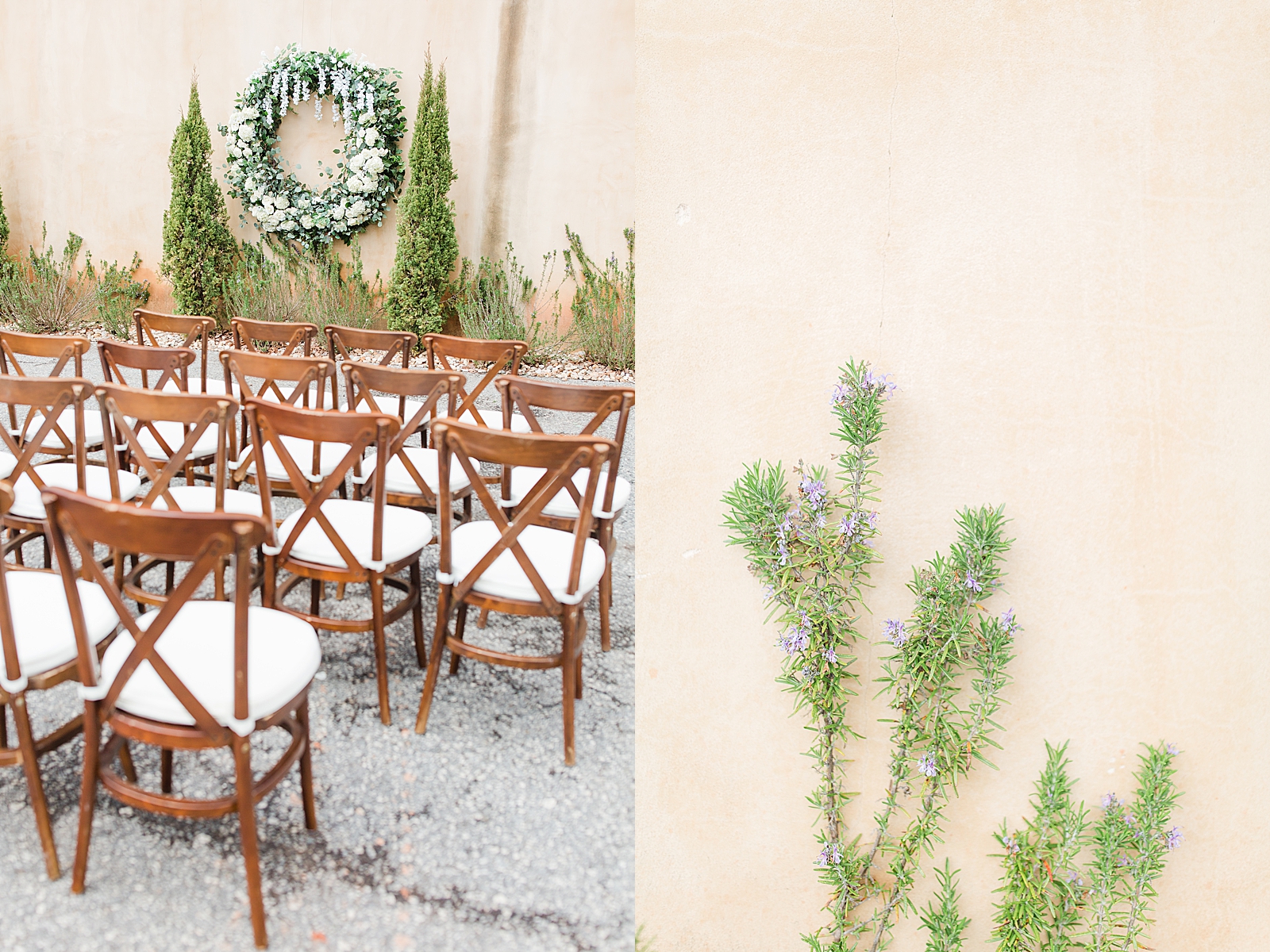Montaluce Winery Wedding Reception Chairs in front of Floral Wreath Alter and Purple Flowers on wall photos