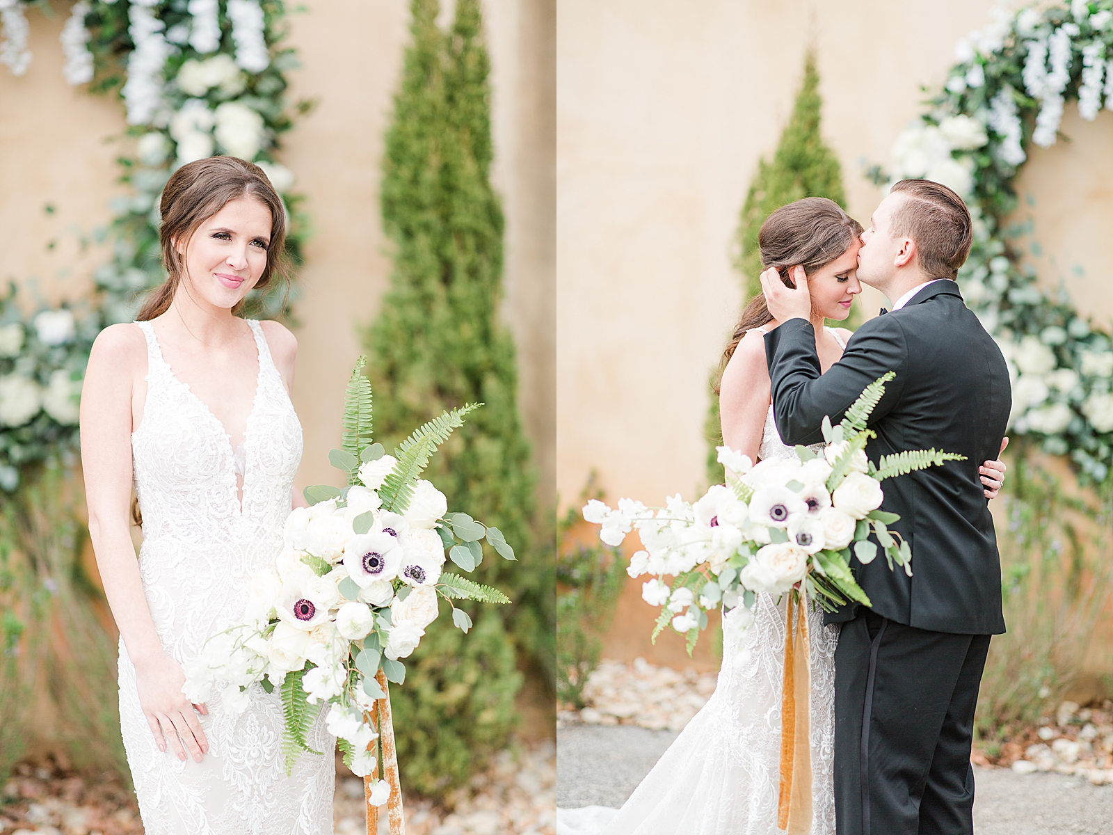Montaluce Winery Wedding Ceremony Bride Smiling holding Bouquet and Groom Kissing Bride on Forehead Photos