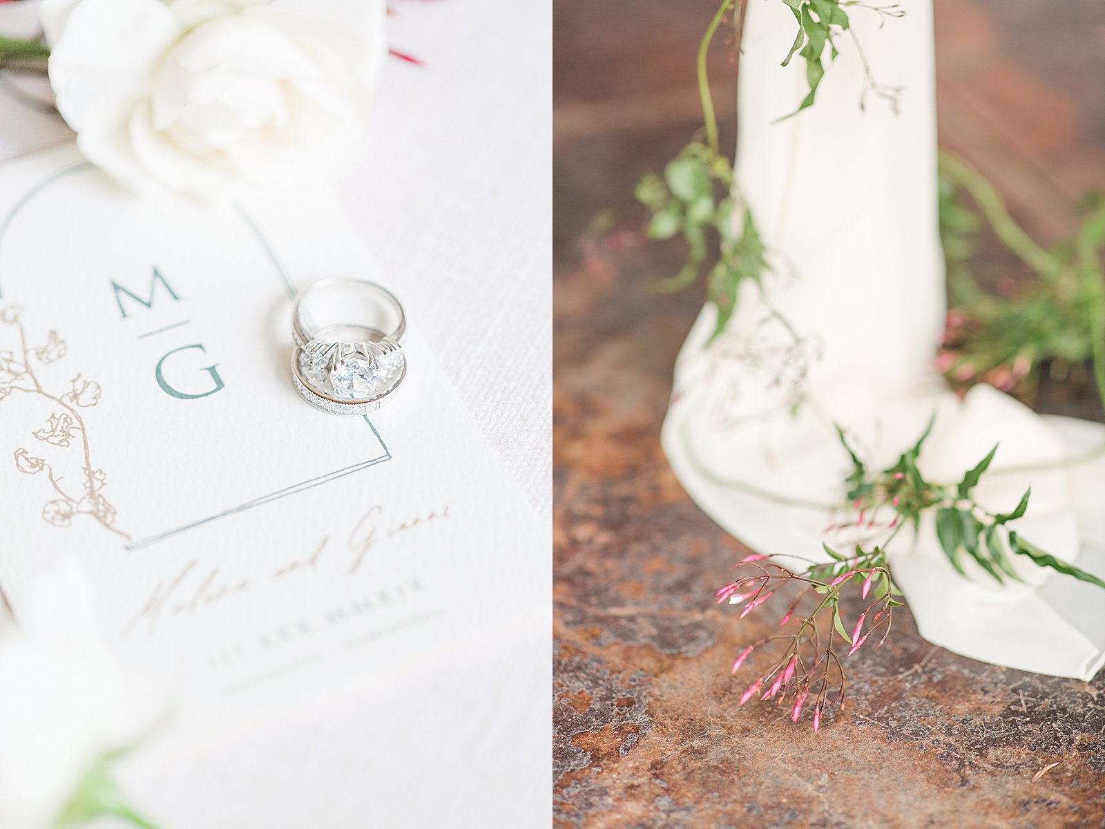 Montaluce Winery Wedding Invitation Suite with Wedding Rings and detail of vines and cloth Photos