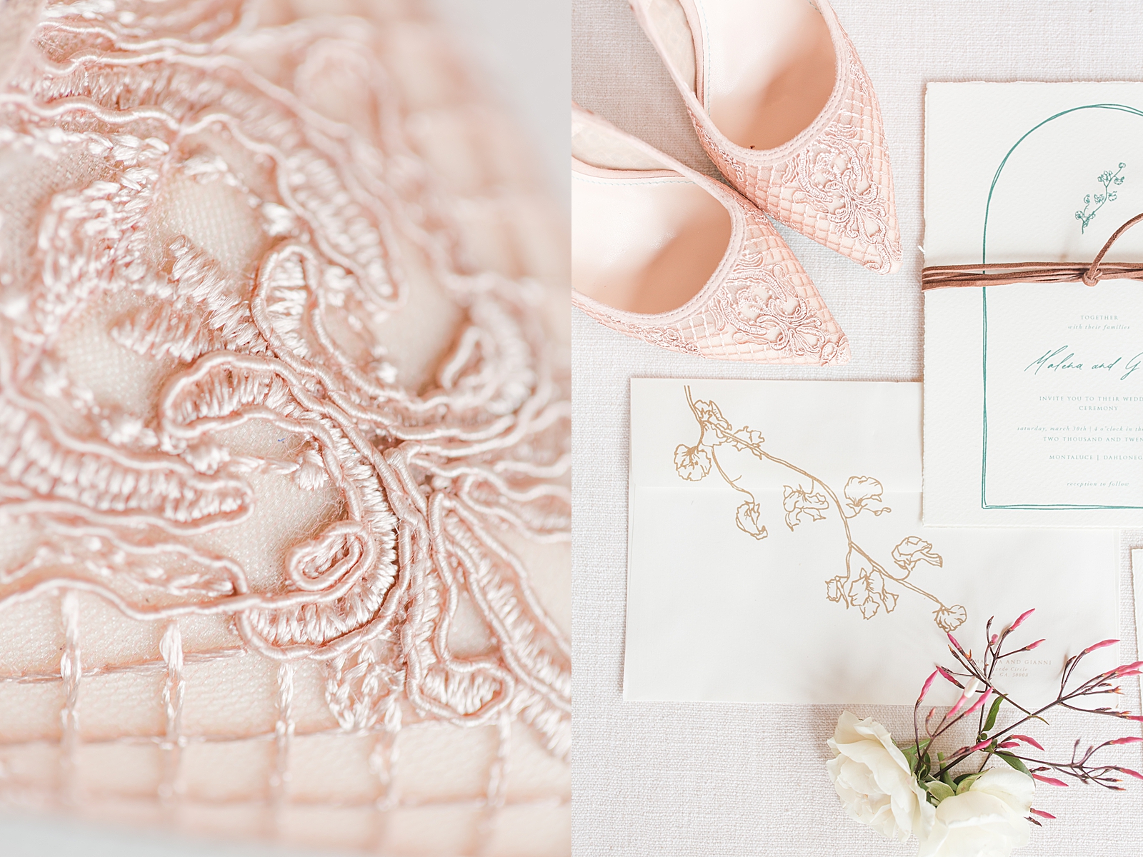 Montaluce Winery Wedding Detail of pink lace bridal shoe and Invitation Suite with shoes Photos