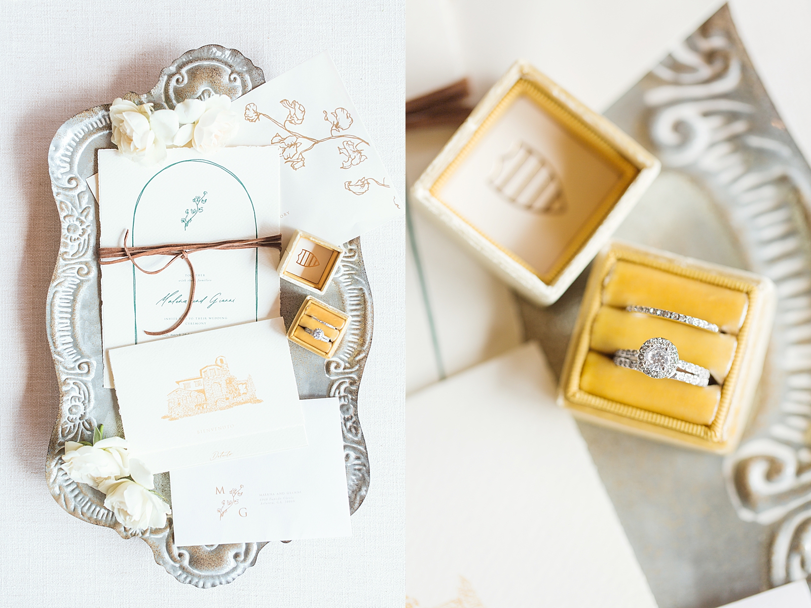 Montaluce Winery Wedding Invitation Suite on metal tray and wedding rings in yellow ring box Photo