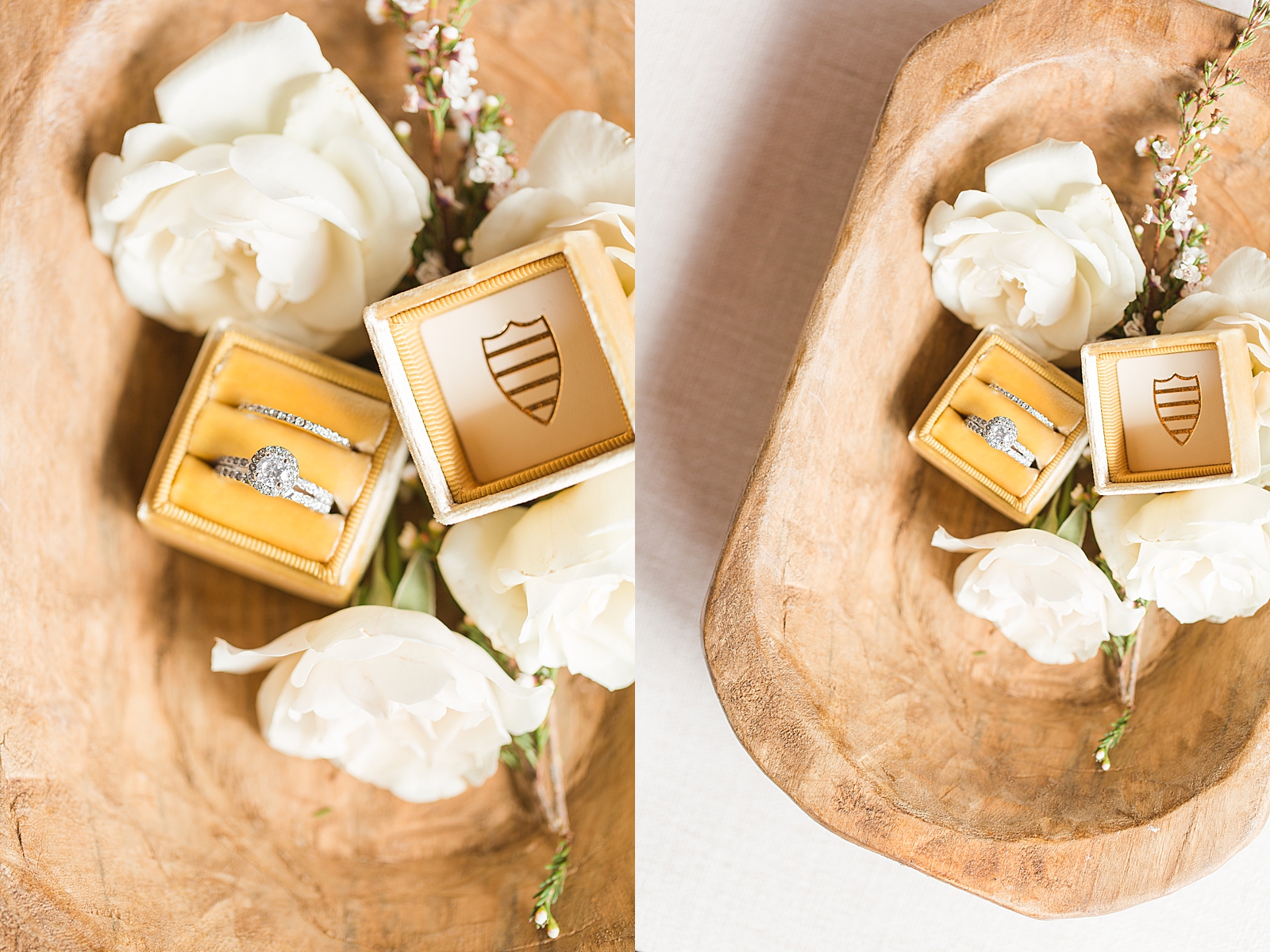 Montaluce Winery Wedding Wooden bowl with yellow ring box with wedding rings Photos