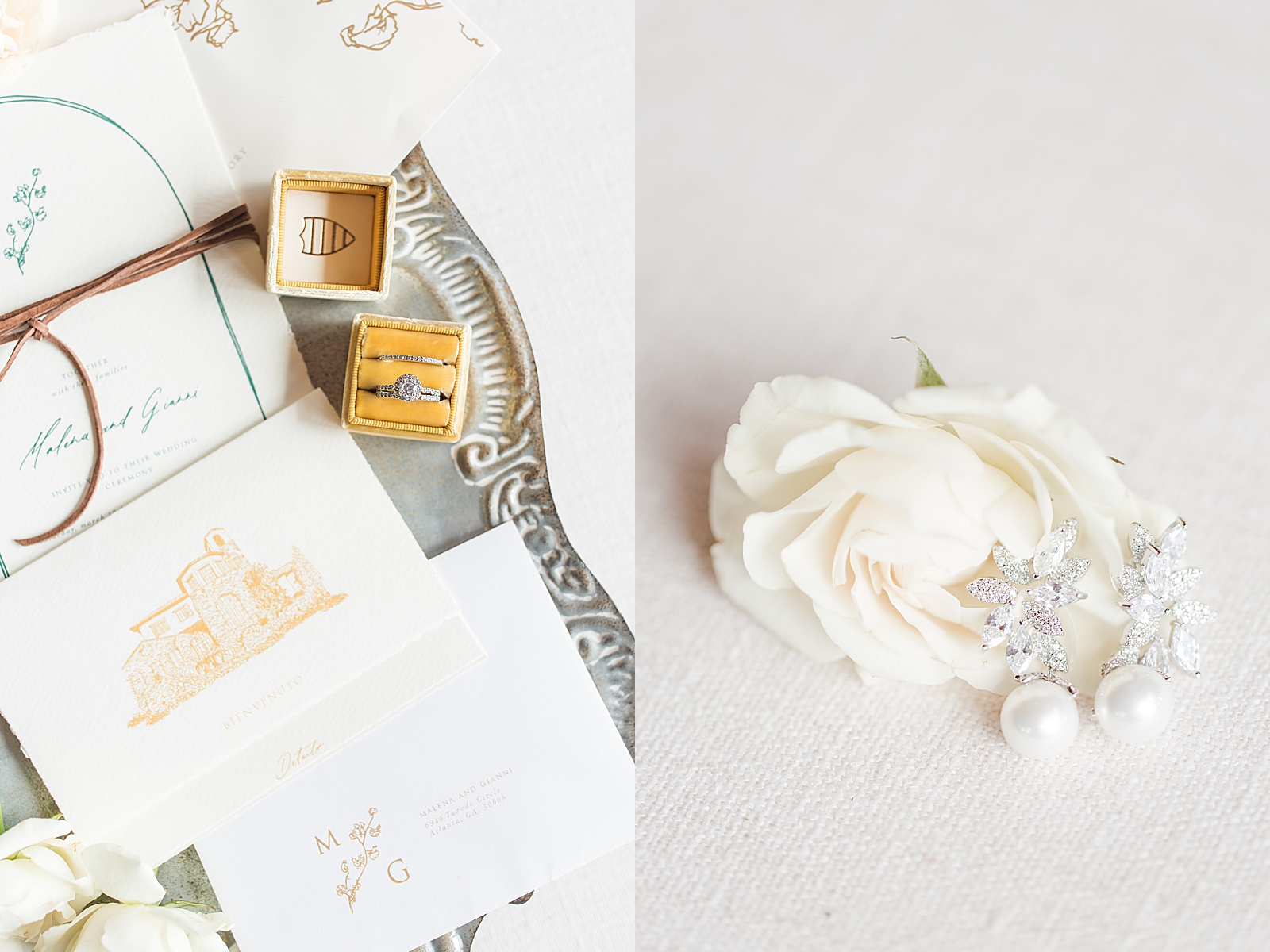 Montaluce Winery Wedding Invitation Suite on Metal Tray with Rings in yellow ring box and earrings with white rose Photos