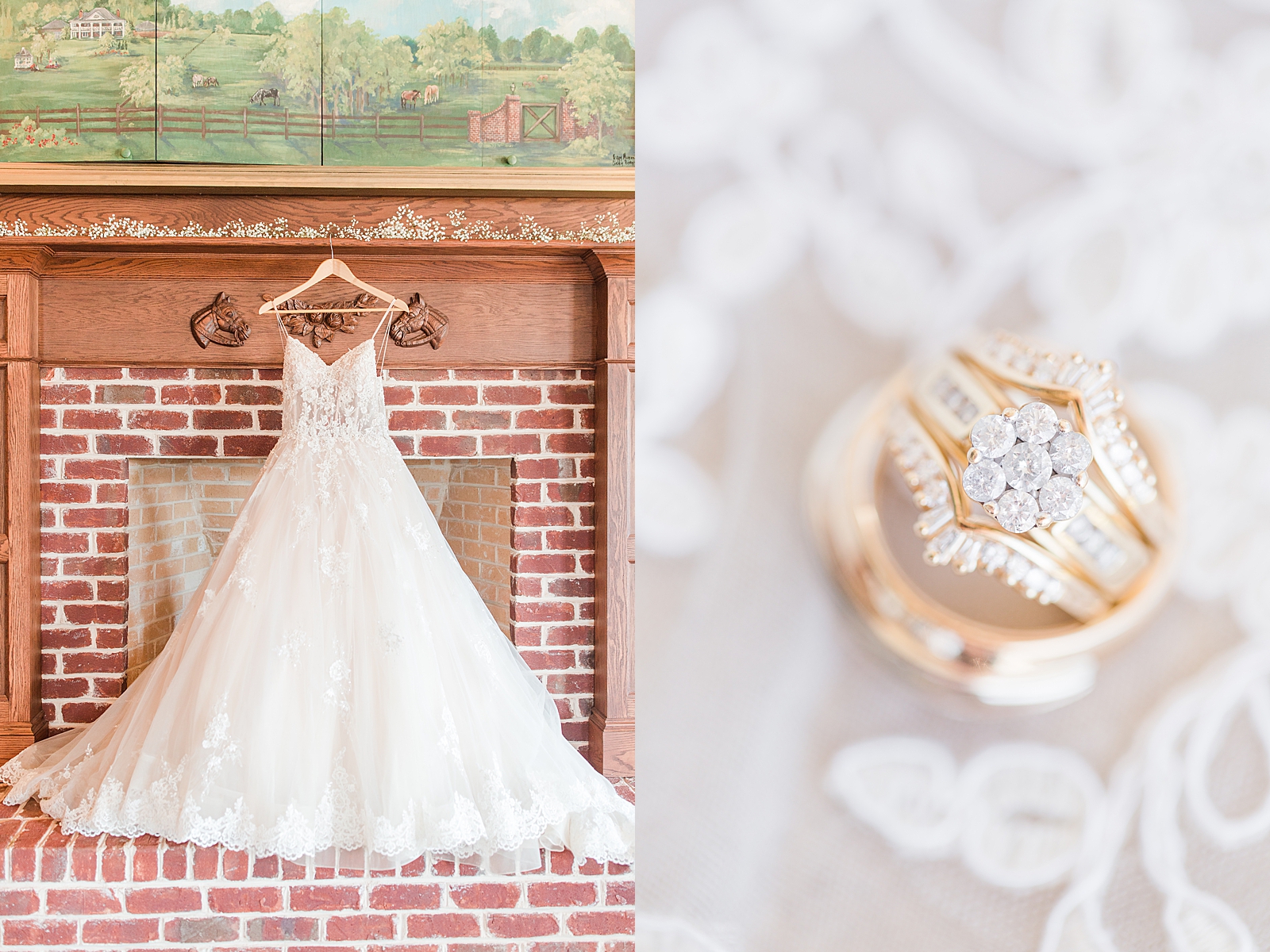 Mooresville Wedding Bridal Gown hanging on fireplace and detail of rings Photos