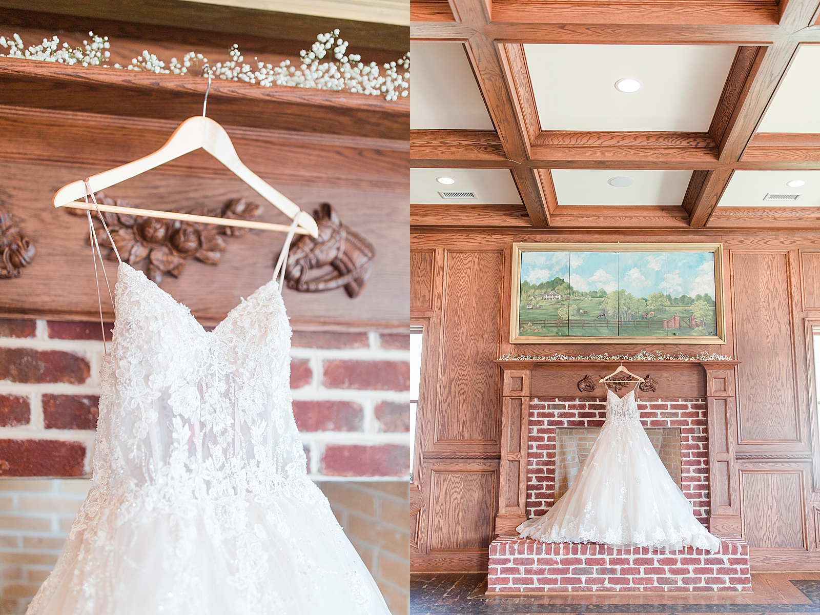 Mooresville Wedding Details of Brides Dress hanging on fireplace Photos