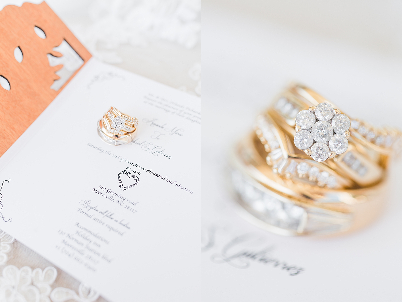 Mooresville Wedding Invitation and detail of wedding rings Photos