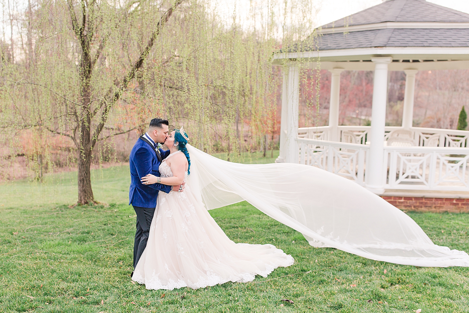 Mooresville Wedding Bride and Groom Kissing with Veil blowing in the wind Photo