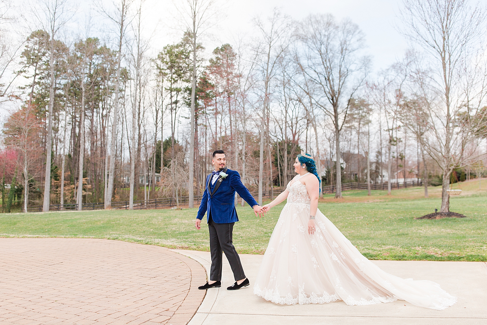 Mooresville Wedding Bride and Groom holding hands walking down driveway Photo