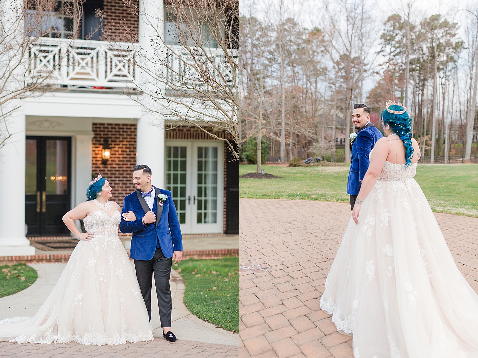 Mooresville Wedding Bride and Groom smiling at each other and Groom looking back walking on driveway Photos