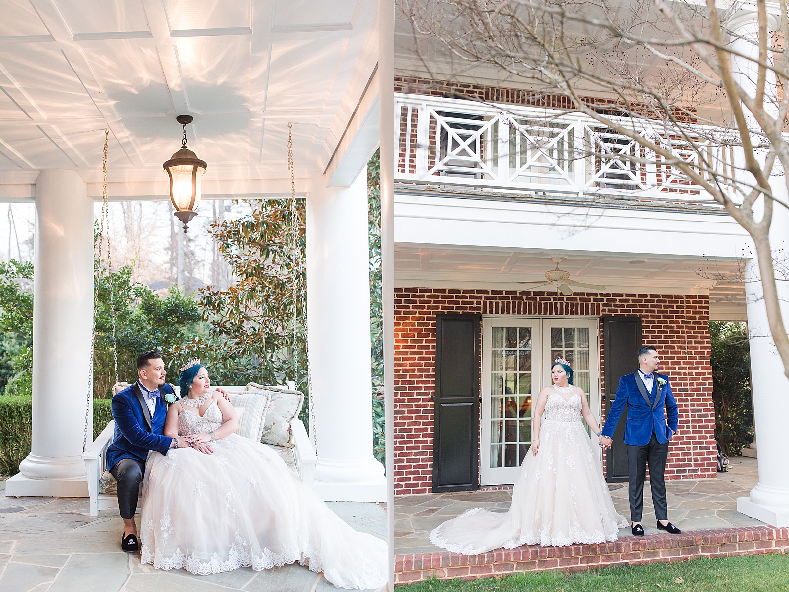Mooresville Wedding Bride and Groom sitting on swing and holding hands on porch Photos