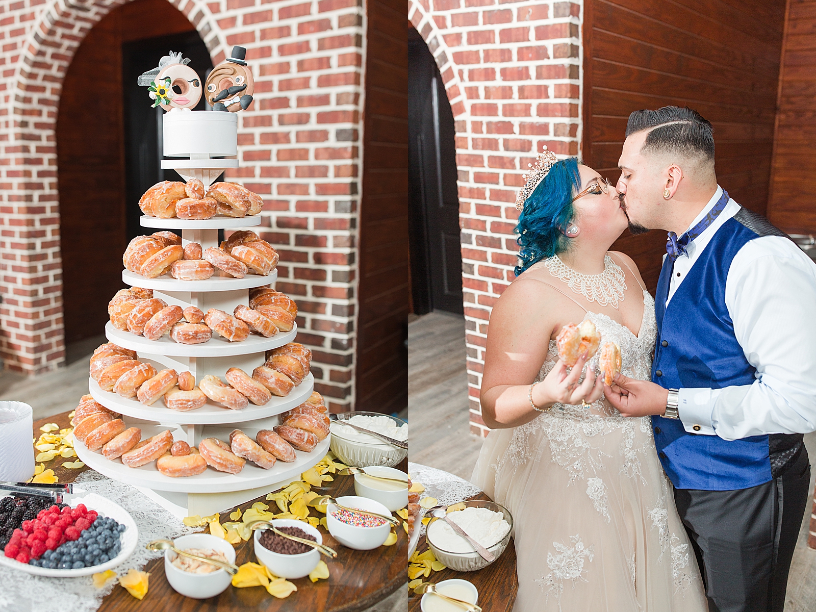 Mooresville Wedding Reception at Johnson Carriage House Donut stack and Bride and Groom Kissing Photos