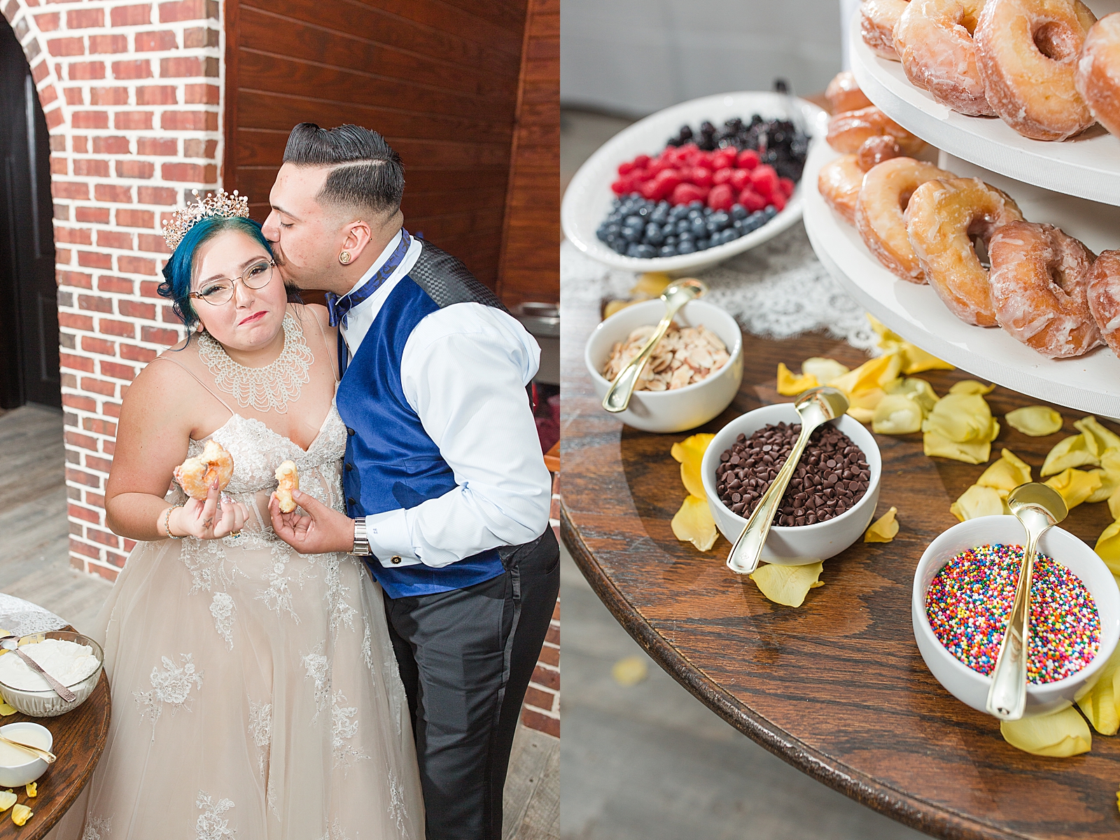 Mooresville Wedding Reception Groom Kissing Bride and Detail of Donuts Photos