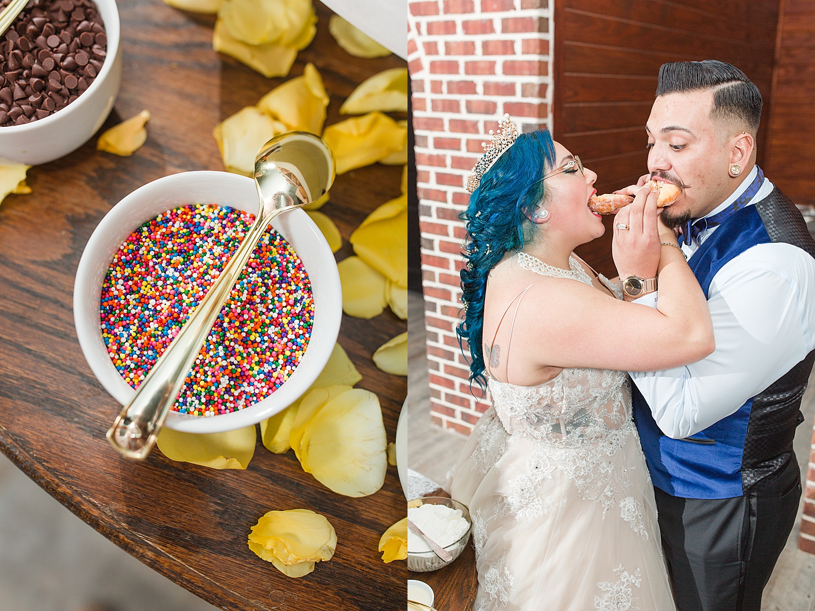 Mooresville Wedding Reception detail of bowl of Sprinkles and Bride and Groom sharing donuts Photos