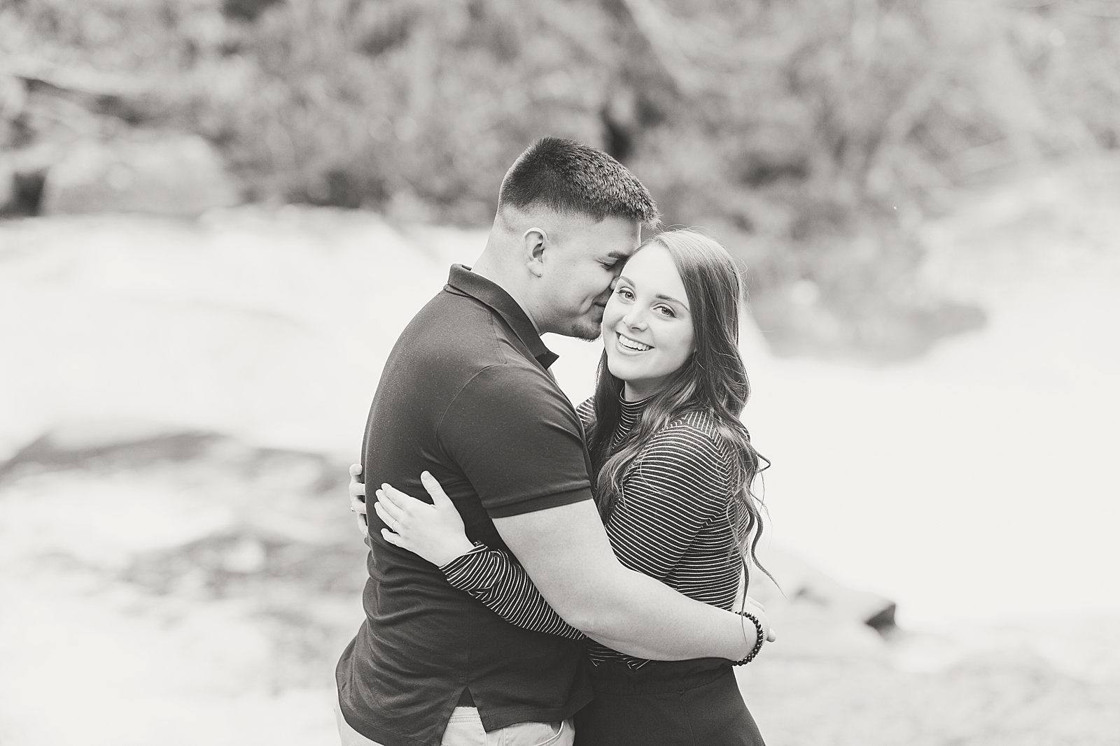 Nantahala River Spring Session Black and White of couple laughing and hugging photo
