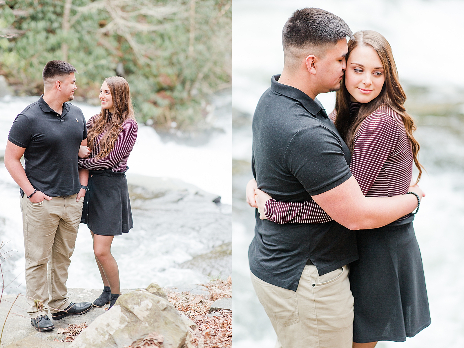 Nantahala River Spring Session Couple smiling at each other and Erin looking off and Spencer nuzzling in photos