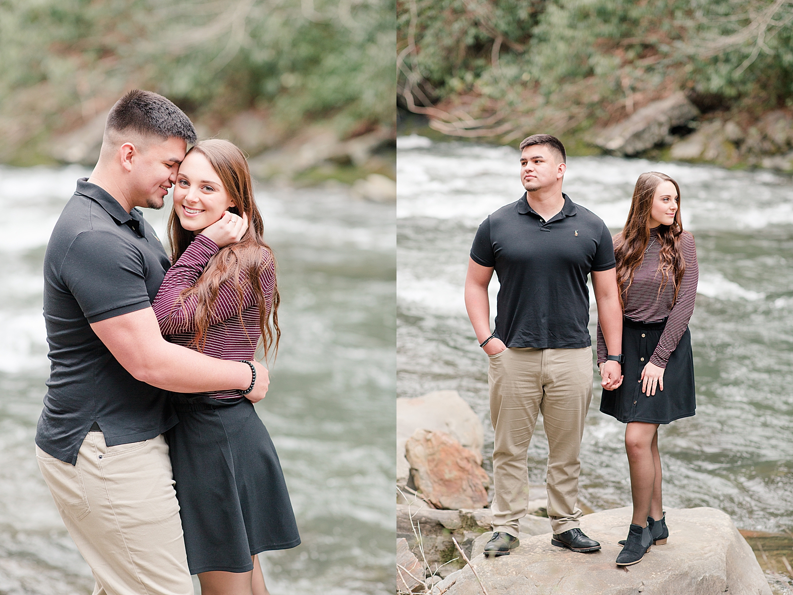 Nantahala River Spring Session Erin Smiling at the camera hugging Spencer and couple holding hands looking off Photos