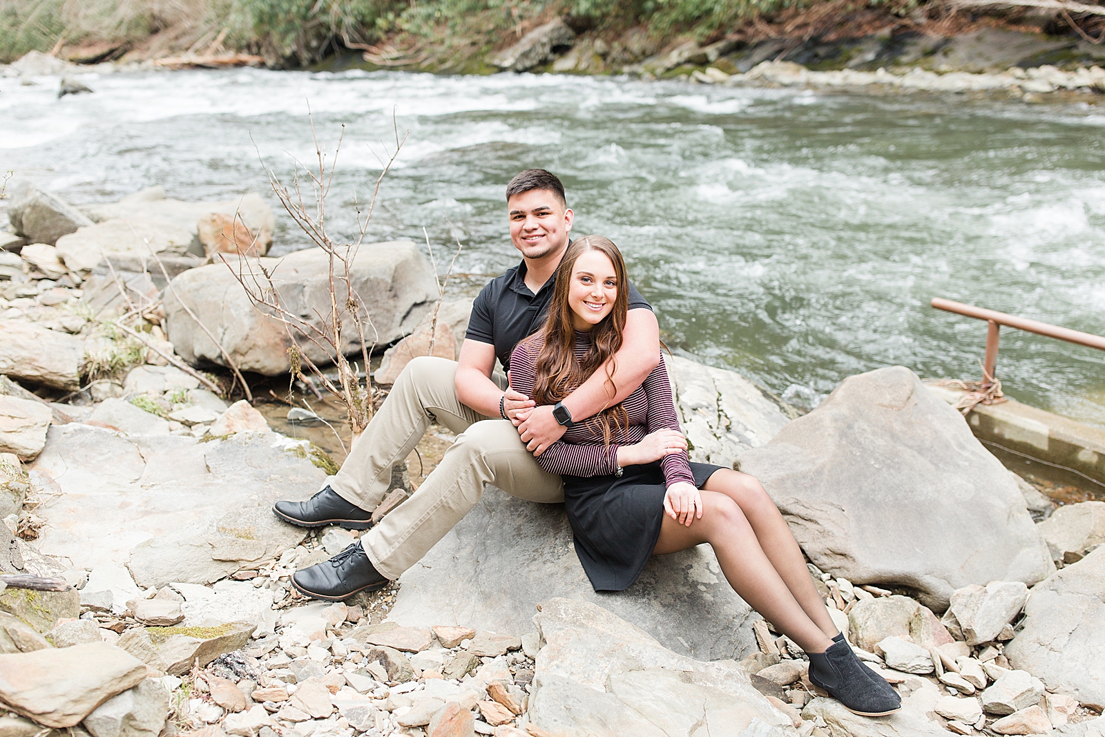 Nantahala River Spring Session Couple smiling at camera sitting on rocks Photo