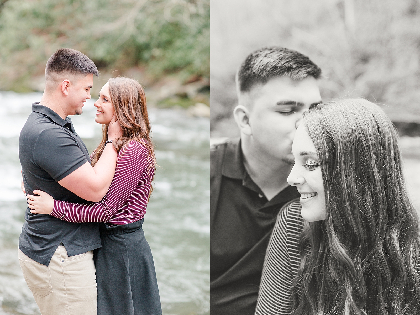 Nantahala River Spring Session Couple smiling at each other and black and white of Spencer kissing Erin on the head Photos