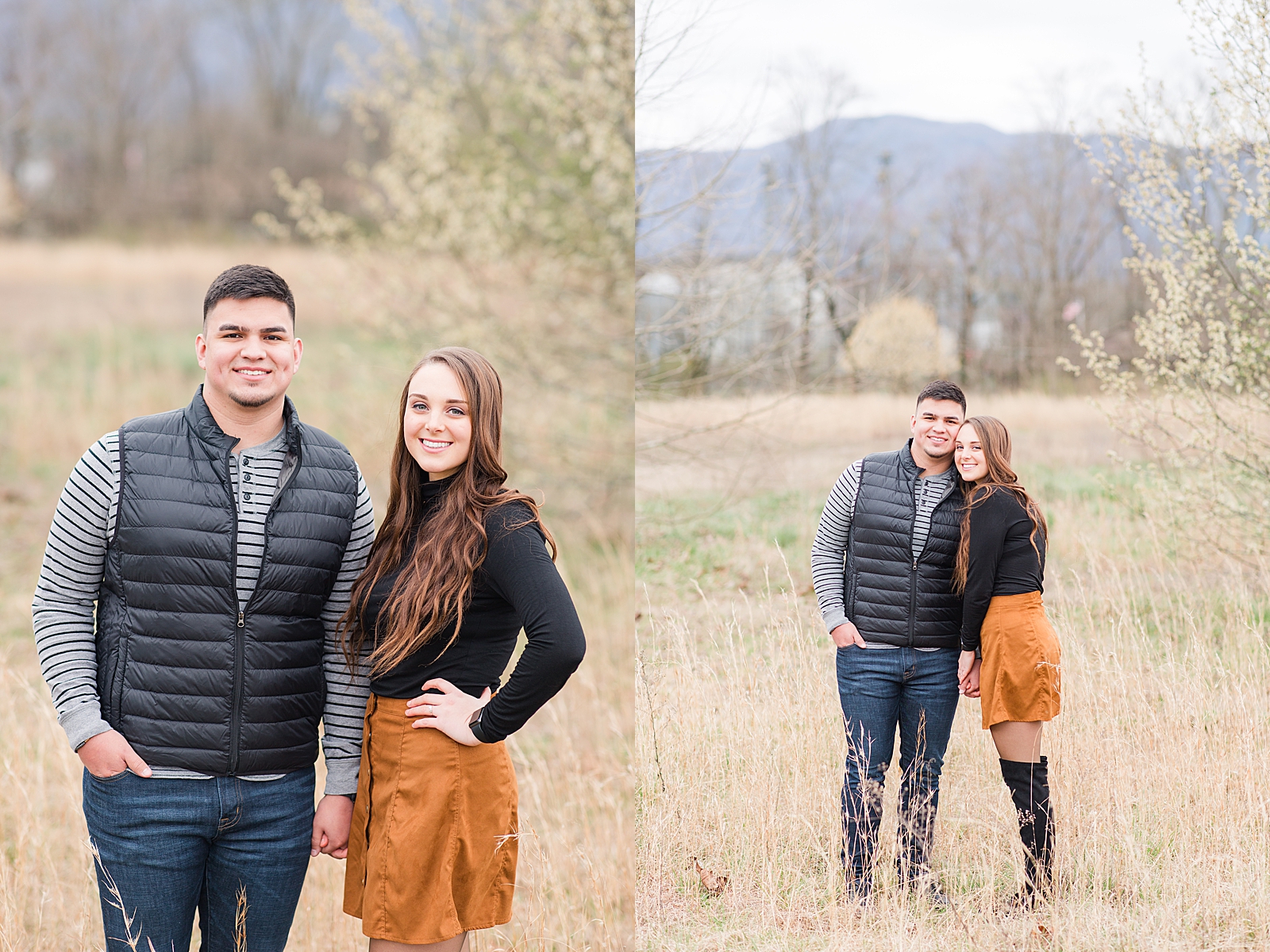 Andrews NC Spring Session Couple Smiling at camera in field Photos