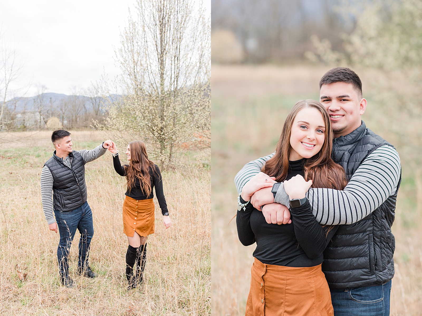 Andrews NC Spring Session Spencer spinning Erin in field and couple hugging smiling at the camera Photos