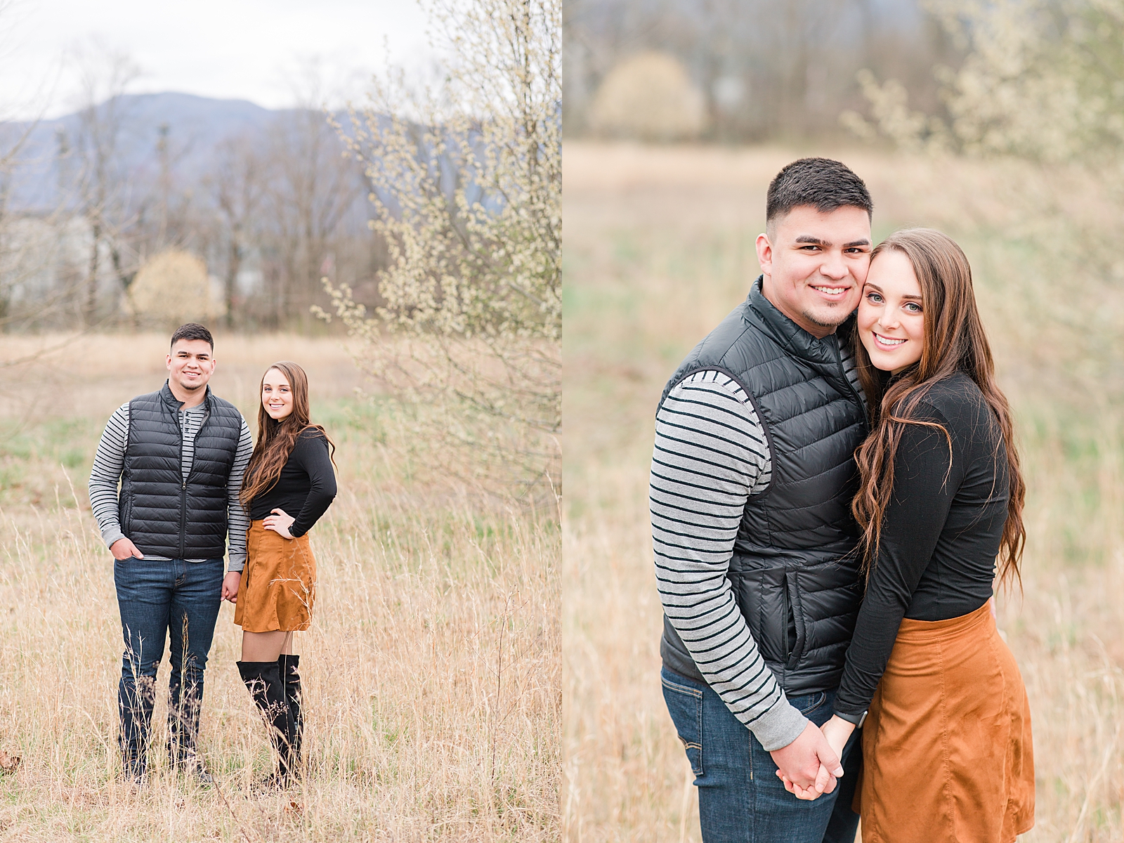 Andrews NC Spring Session Couple holding hands in field smiling at camera Photos