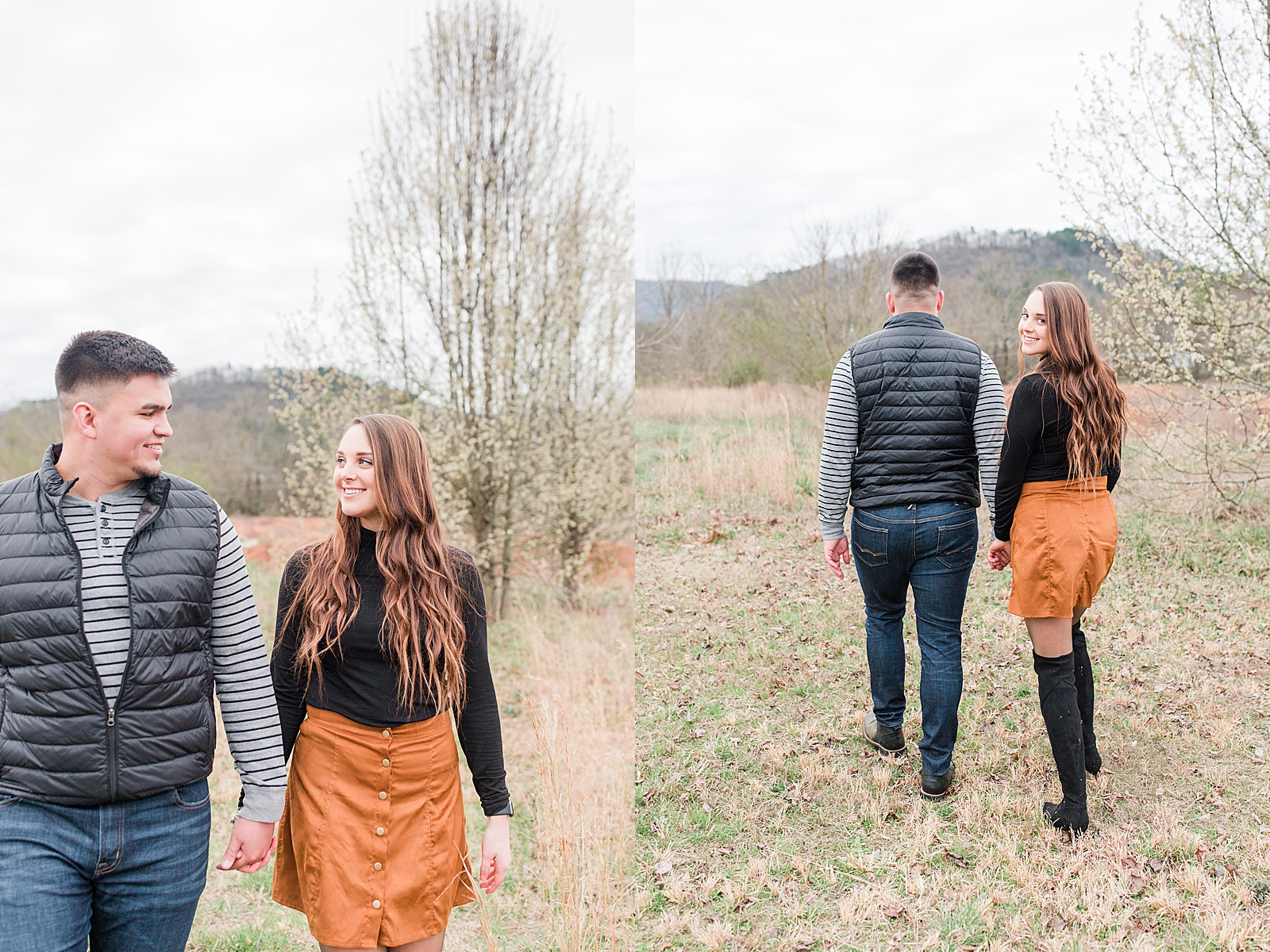 Andrews NC Spring Session Couple holding hands walking in a field Photos
